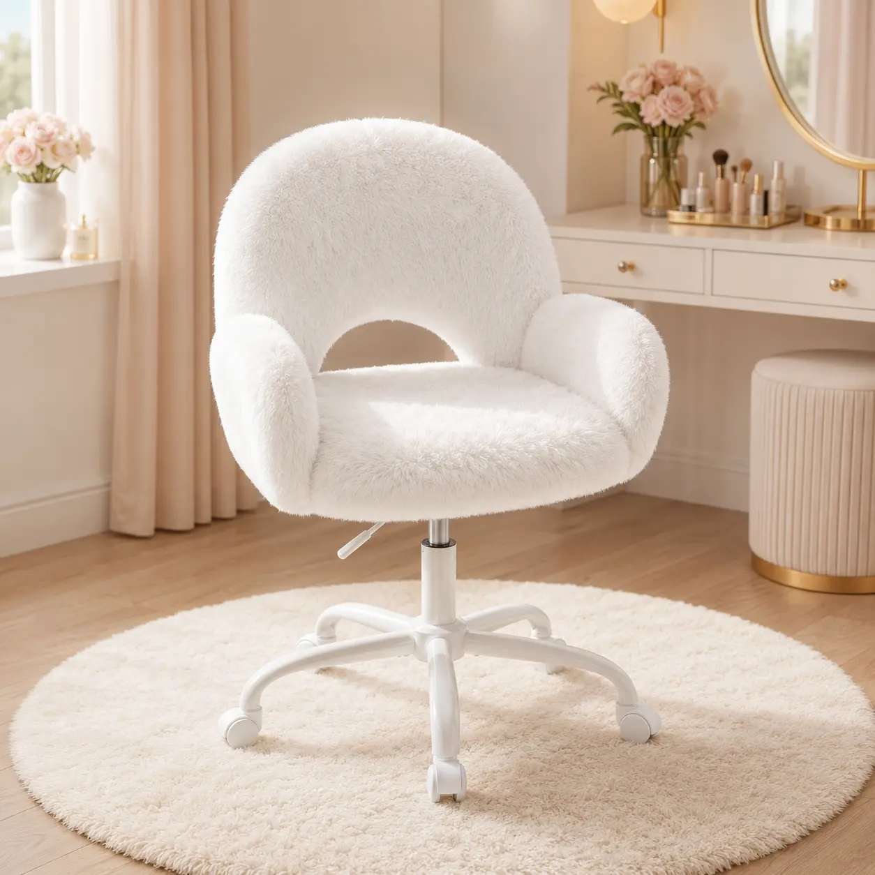 White dressing chair with casters, height adjustment and swivel function, round hollow-back study desk chair, upholstered comfortable home and office chair with armrests made of artificial plush fabric.
