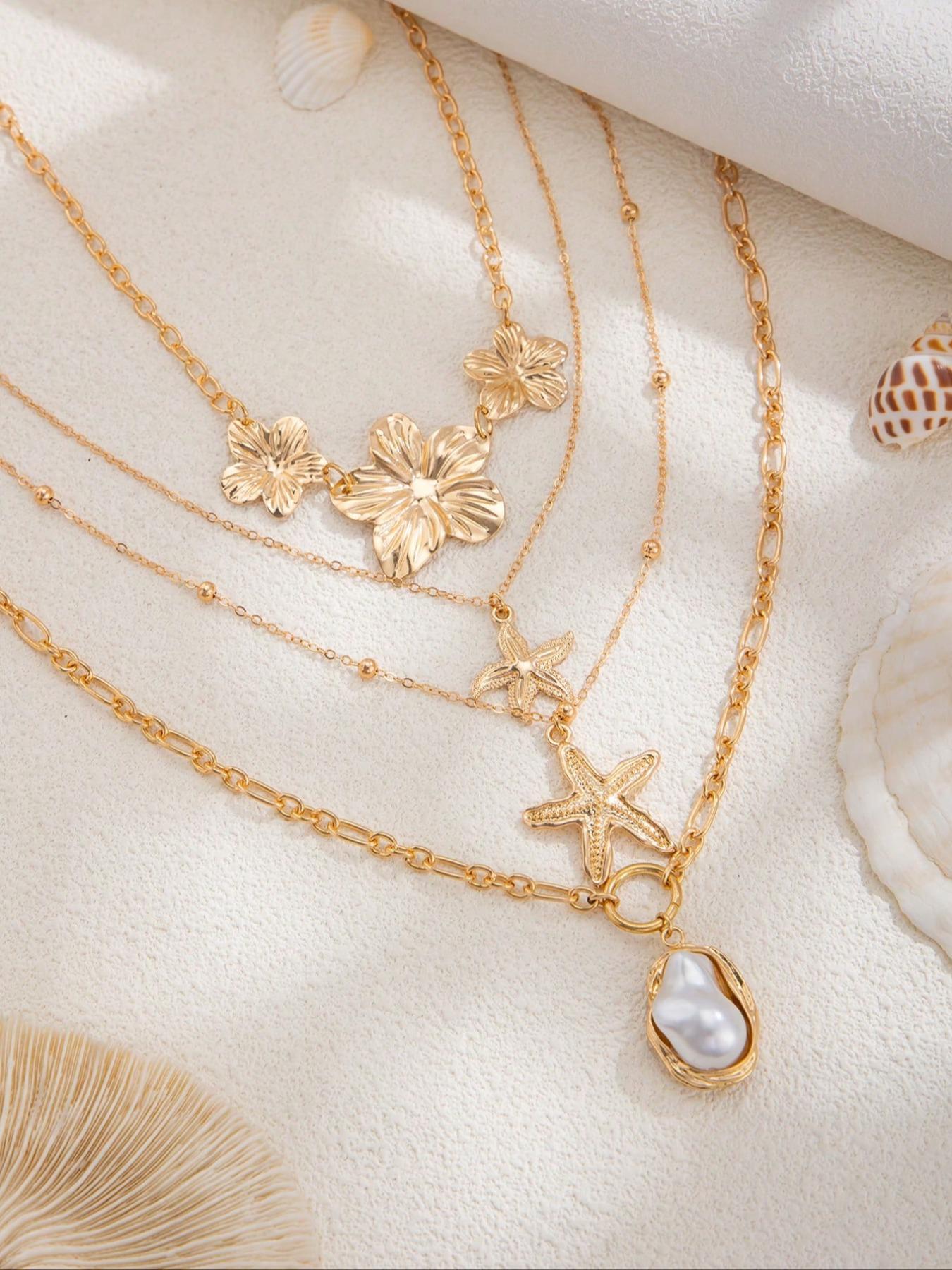 4 Piece Set Women's Vintage Creative Elegant Fashion Metal Flower Baroque Imitation Pearl Necklace, Ocean Style Starfish Pendant Layered Necklace Set Modern Versatile Accessories
