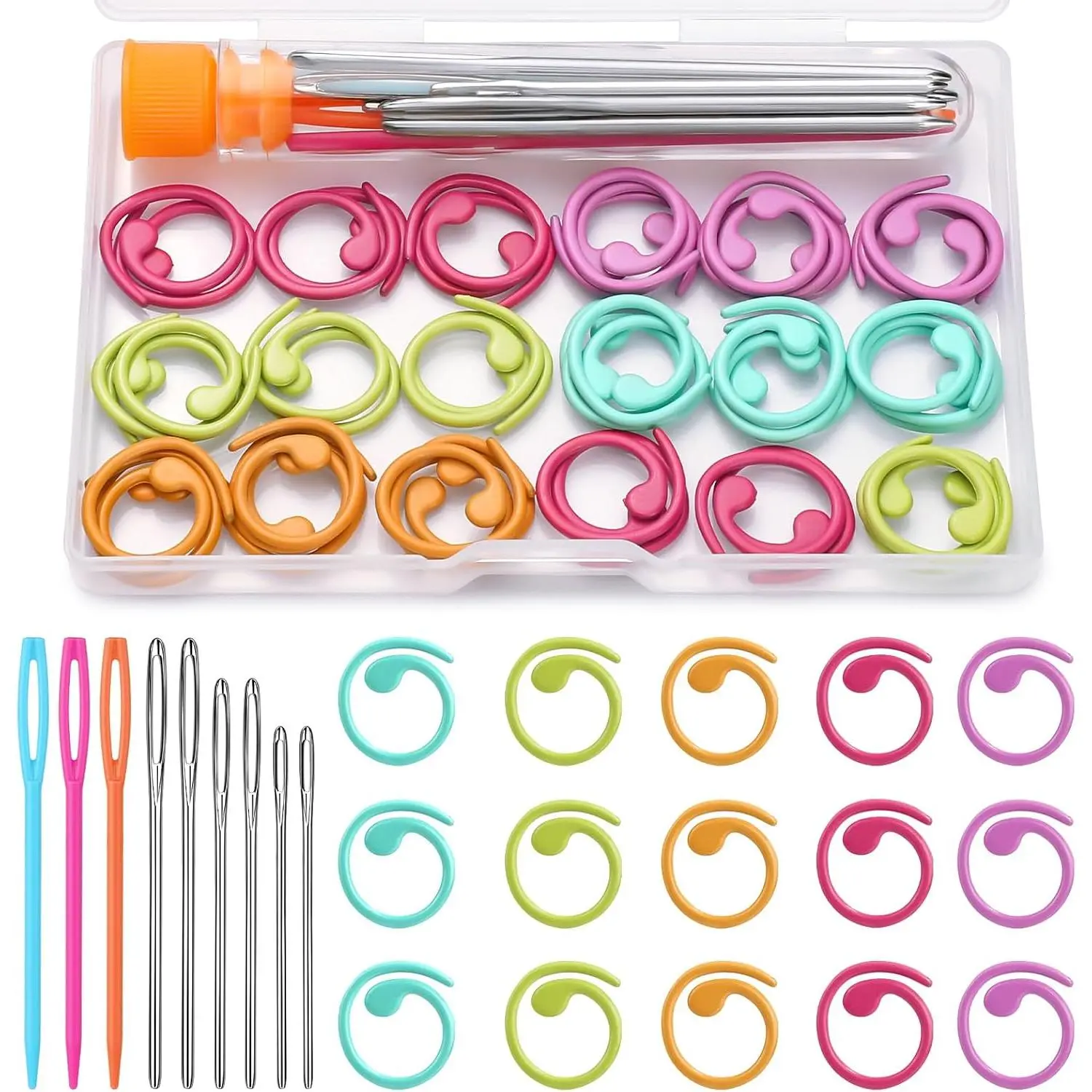 50 count Metal Crochet  Markers, 5 Colors Crochet Marker Ring | Spiral Metal Colorful  Markers for Crocheting 9 count Large Eye Blunt Needlesfor Knitting Crocheting with Storage Box