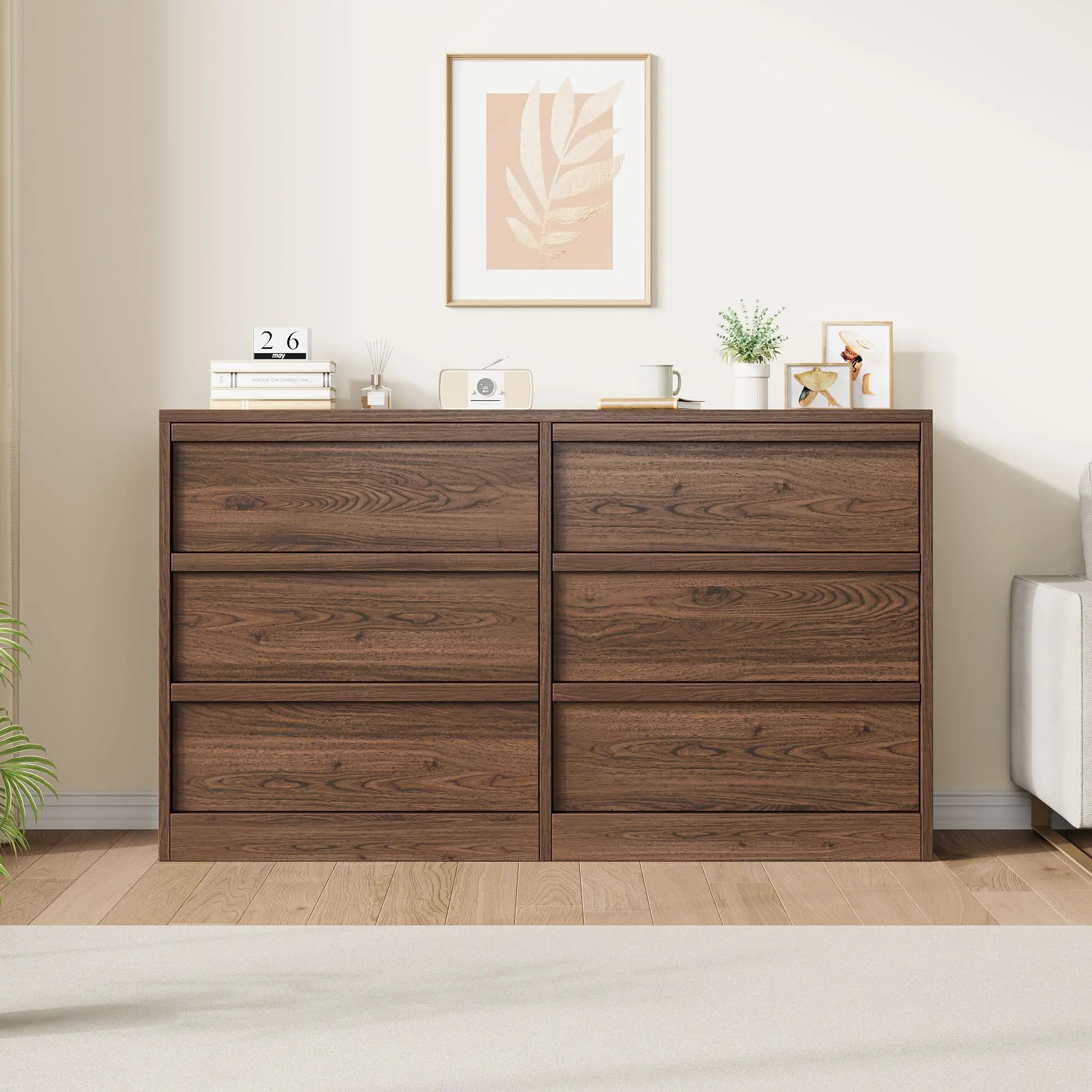6/7 Dresser for Bedroom, 46.7" Wide Dresser, Freestanding Horizontal Drawer with Storage, Wooden Closet Chest Storage for Living Room, Hallway, Entryway, Walnut/White