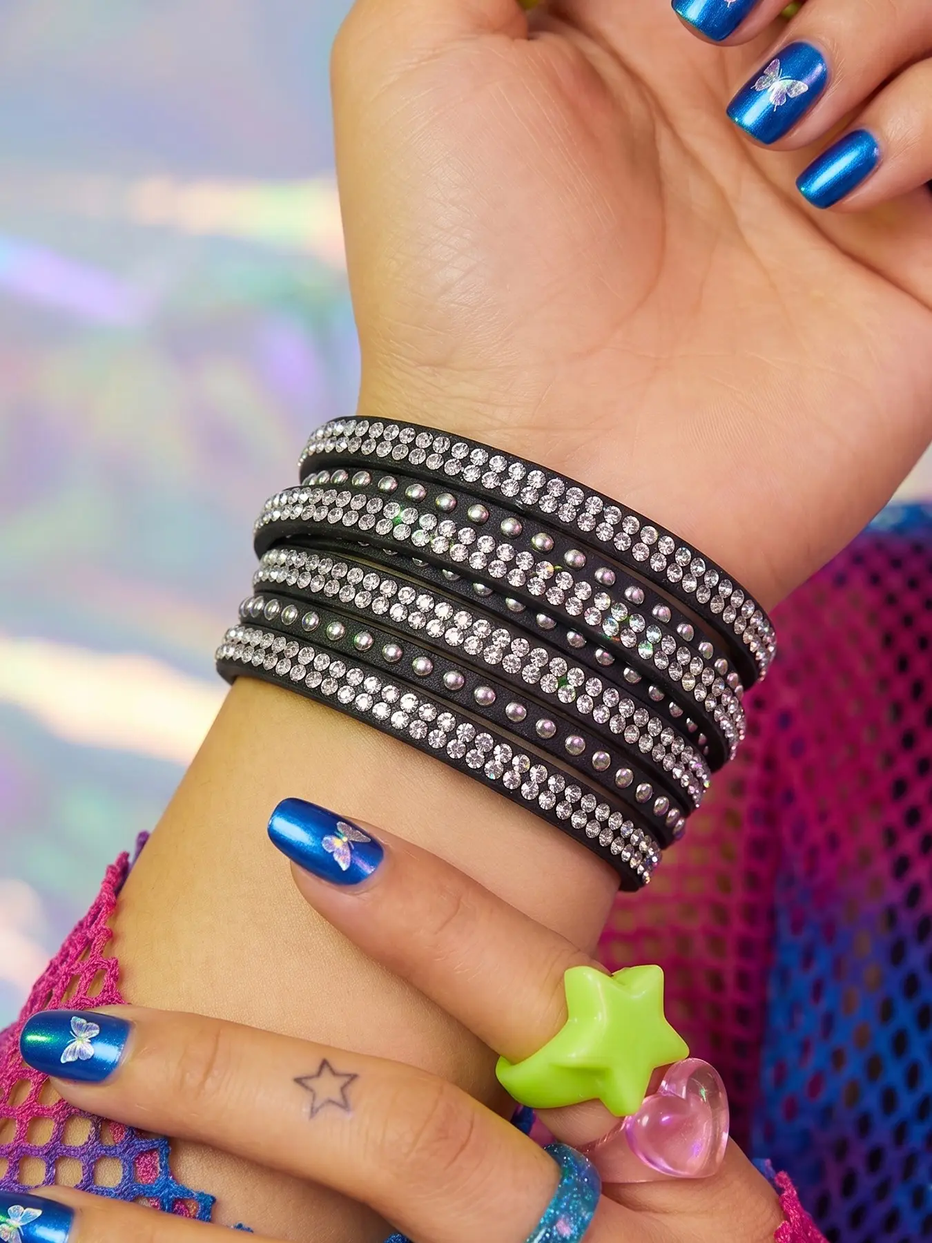 Leather Wrap Bracelet for Women, Multi-layer Layered Wide Cuff Bracelet Rhinestone Silver Studded Rivets, Sexy Y2K Punk Gothic Rock Streetwear Jewelry
