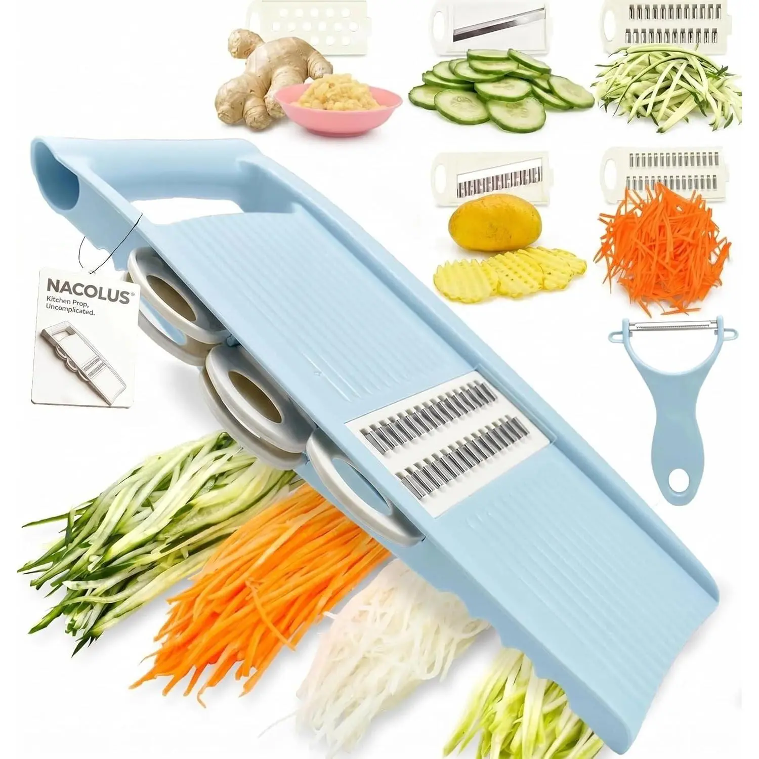 Handheld Mandoline Slicer  Kitchen, Vegetable Slicer Multi Blade Potato Chip, Veggie shredder, Vegetable Cutter, Julienne Shredder and peeler  Small Job In Kitchen Blue