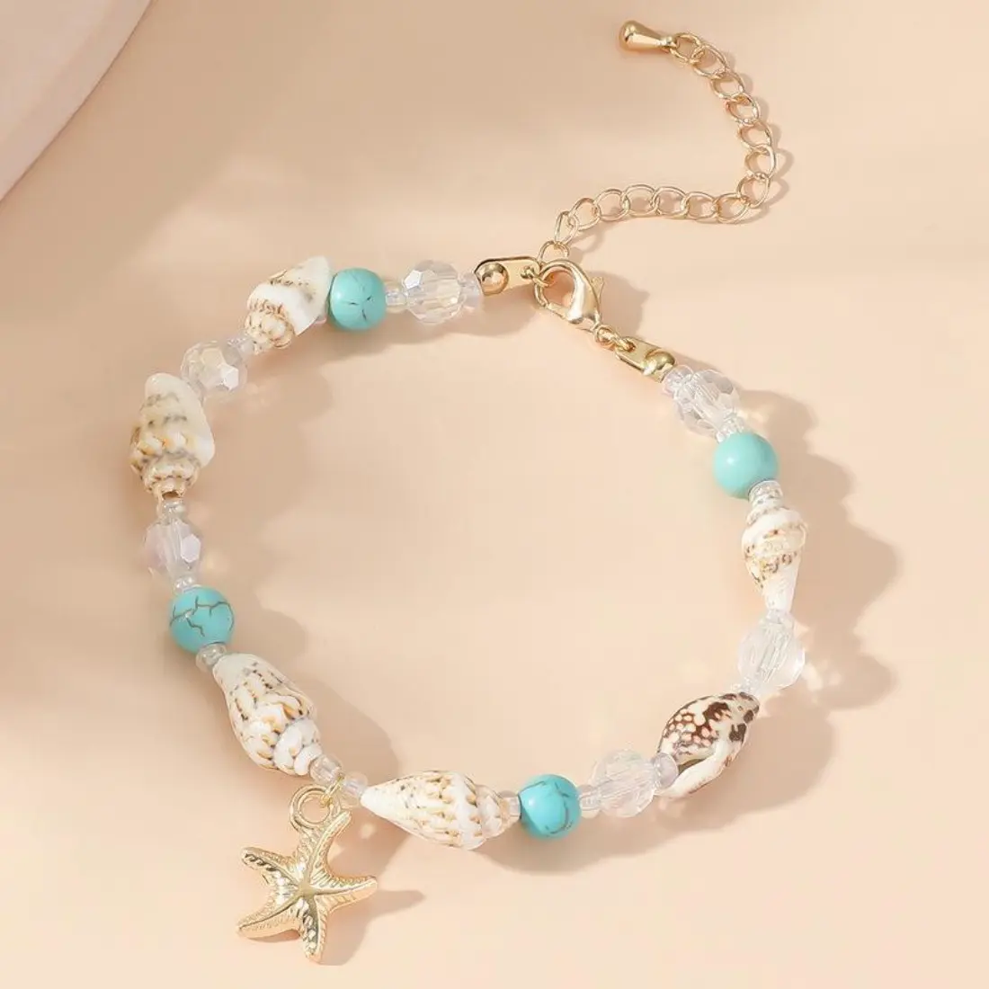 Turquoise Starfish Shell Bracelet for Women, Coastal Beach Beaded Jewelry, Ocean Inspired Charm Bracelet, Lightweight Adjustable Accessory, Trendy Mermaidcore Vacation Jewelry for Hawaii Travel, Cruise Vacation, Resort Wear & Summer Styling