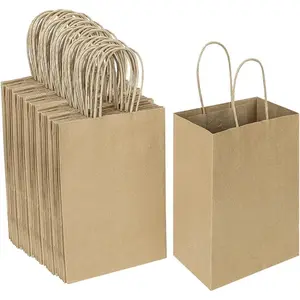 100 Pack 5.25x3.25x8.25 Inch Small Plain Natural Kraft Paper Gift Bags with Handles Bulk Birthday Party Favors Grocery Retail Shopping Business Goody Craft Bags Cub Sacks (Brown 100 Count)