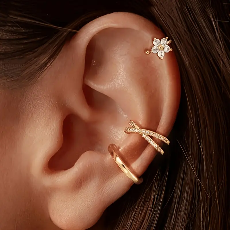 3-Piece Earring Set for Women, Elegant Polished Metal Jewelry with Interlocking Hoops & a Floral Motif Ear Cuff, Stackable for Minimalist Outfits & Event Ready Looks, Female Wear