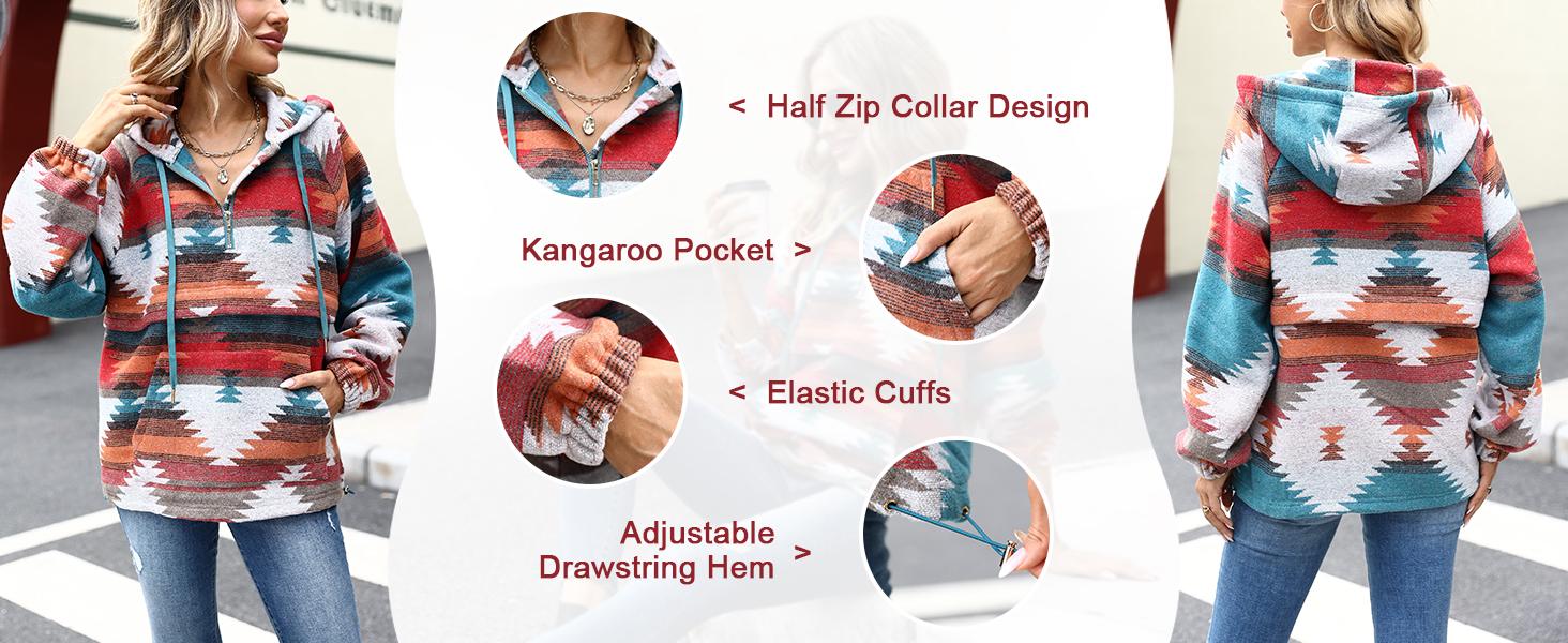 FMEYOA Womens Christmas Aztec Half Zip Up Hoodies Sweatshirt Casual Long Sleeve Oversized Ethnic Tribal Hooded Pullover Shirt Top