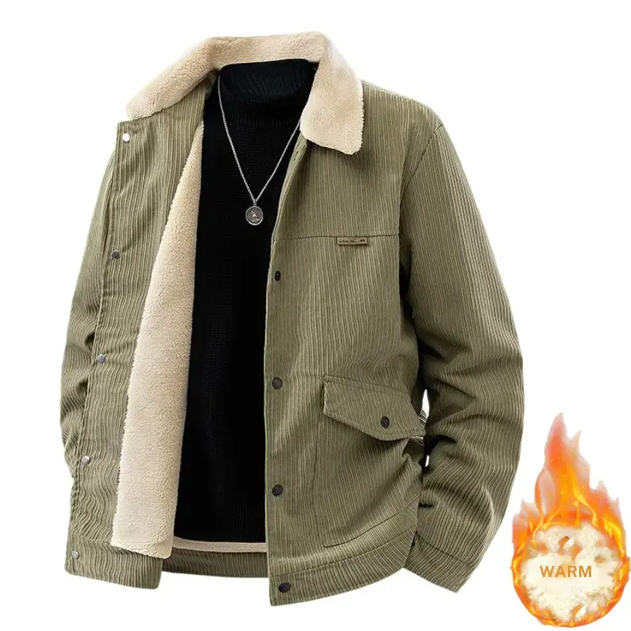 One men’s workwear jacket made of corduroy plush fabric with a turn down collar and multiple pockets; retro casual style featuring vertical corduroy texture paired with a soft, plush collar lining and flap pockets with metal buttons. Suitable for men for
