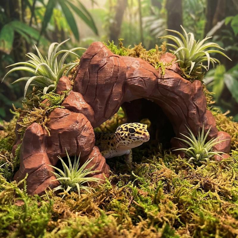 Double Scene Universal 3D Printed Desert Cave, Reptile Lizard Safe Hideaway, Aquatic Tank Decor, Sandstone Texture, Top Plant Design
