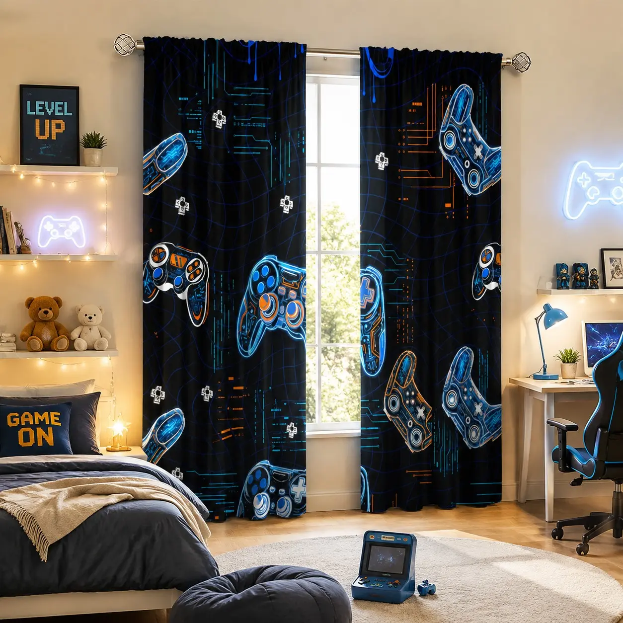 2-Piece Curtains with Neon Blue Game Controller and Circuit Board Patterns, Cyberpunk Style, Ideal for Gaming Room, Boys' Bedroom