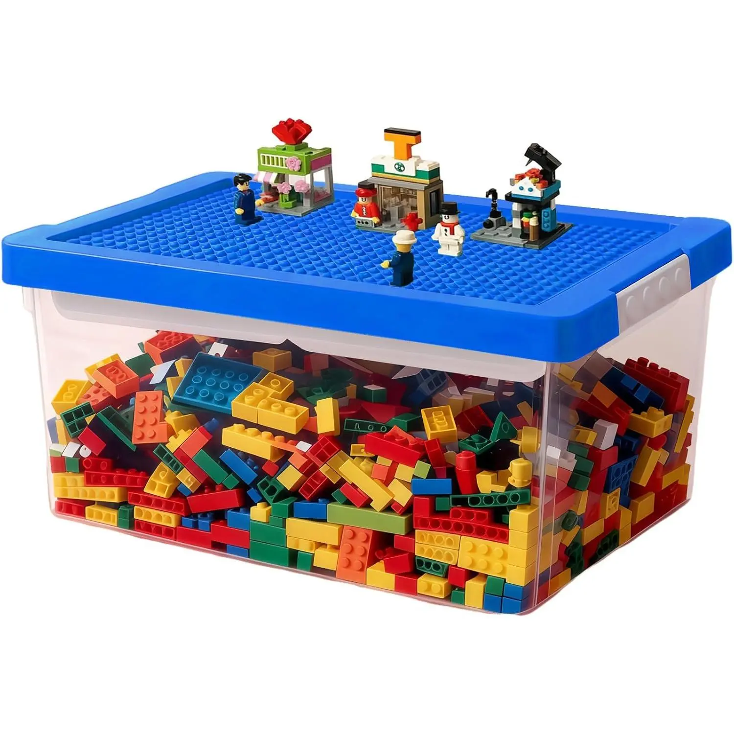 Toy Storage Organizer Bin for Lego, Plastic Organizer Box with Removable Tray and Building Baseplate Lid, Stackable Building Block Storage, Craft Storage Container for Lego Art, Toy, Tool, Sewing
