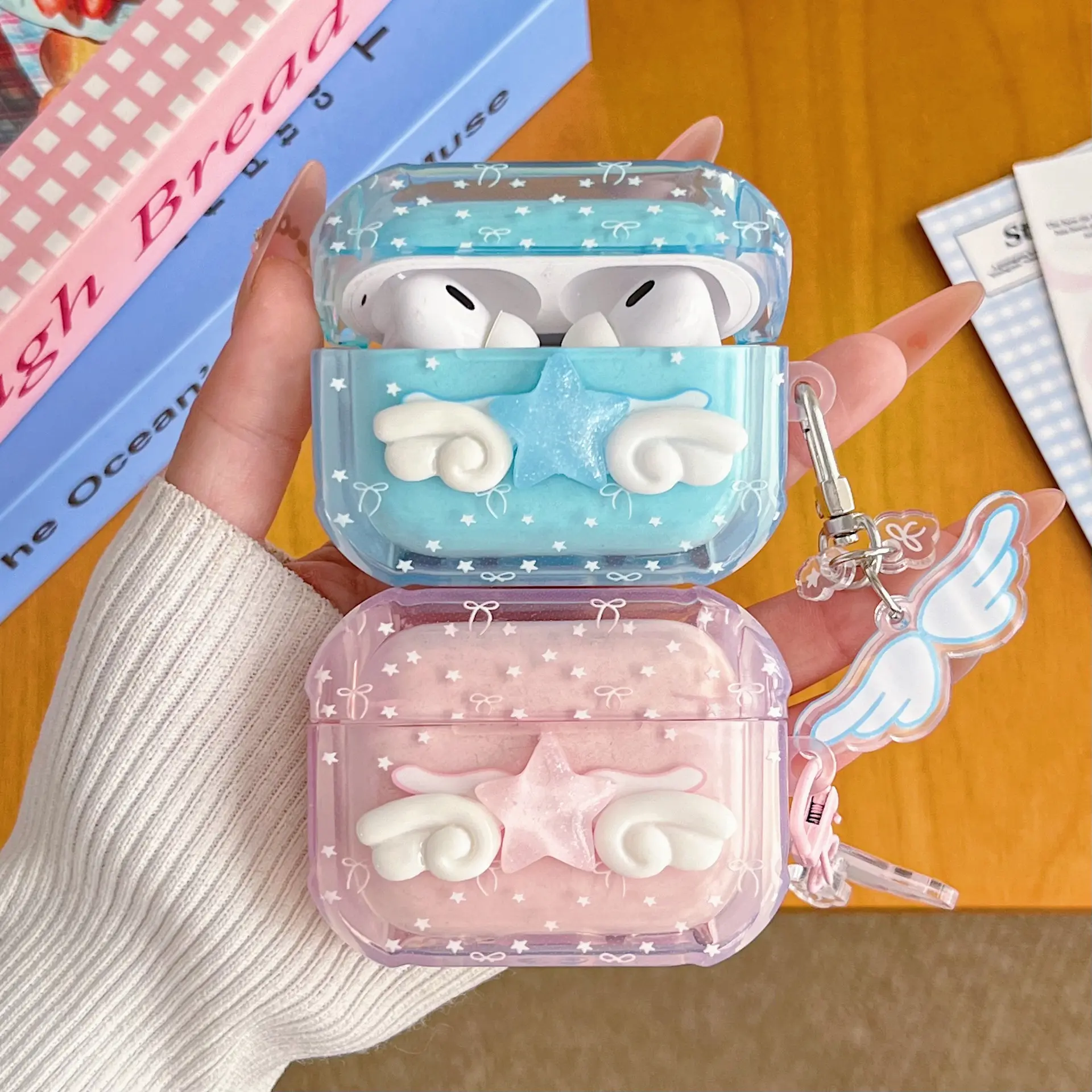 Icy Transparent Blue Star Wing AirPods Case, Cute Bow Print Clear Earphone Cover with Wing Keychain Compatible with AirPods 4 & AirPods Pro 3, Accessories, Protection