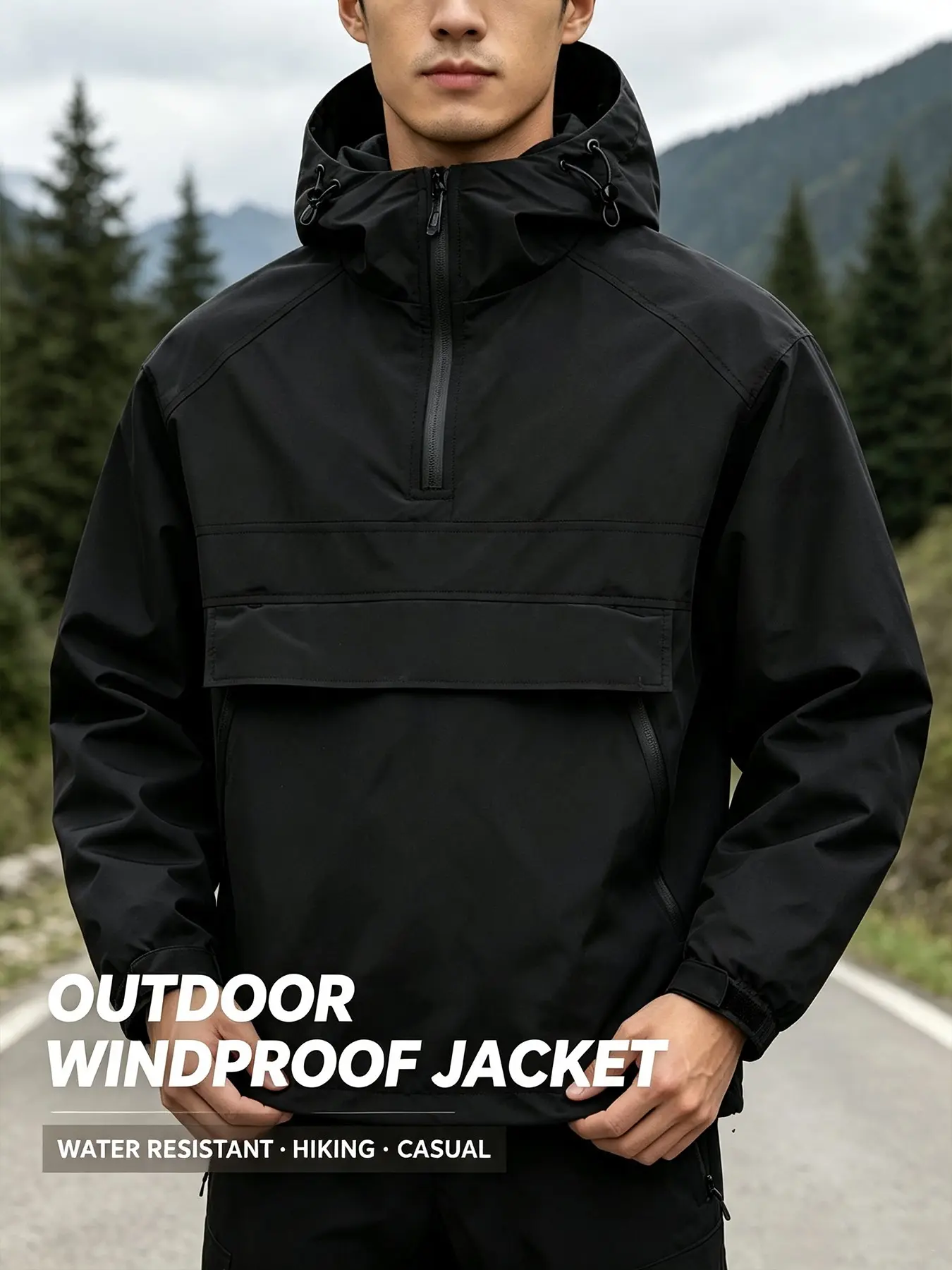 Men's Half-Zip Hooded Outdoor Windbreaker Jacket, Waterproof Windproof Coat, Large Front Pocket, Adjustable Drawstring, & Colors