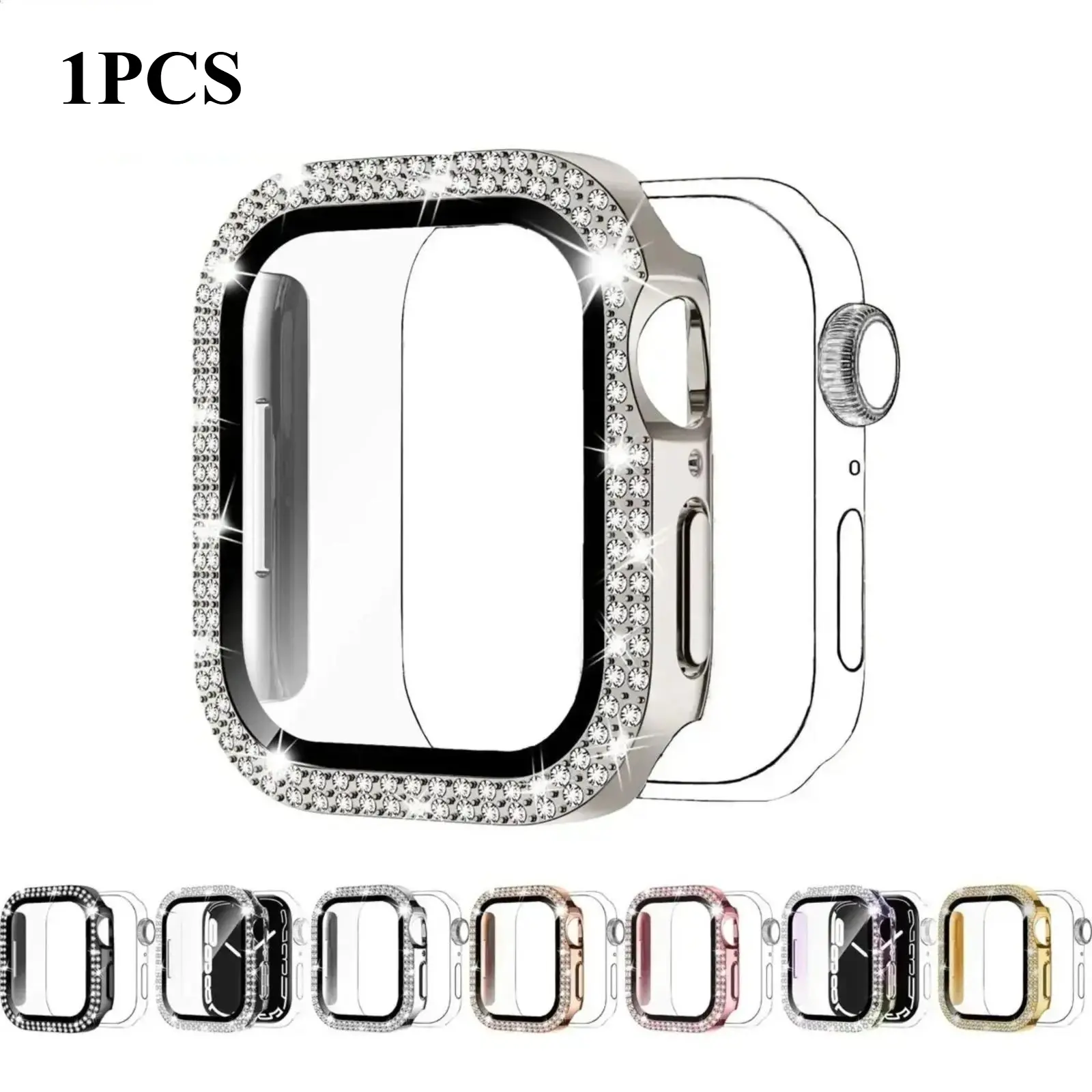 1pc 2-in-1 Watch Case with Tempered Glass Film, adorned with shiny rhinestones. Ultra-thin & anti-drop design, fits Watch Ultra, SE & Series 1-10 in multiple sizes. Stylish protective accessory for men and women.