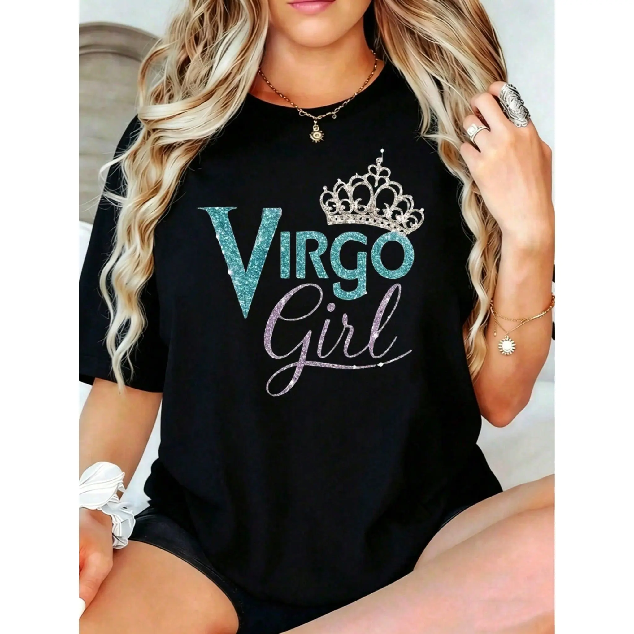 Casual Fashion Women's T-Shirt Virgo Girl With Crown Design Summer Wear For Zodiac Sign Lovers Gift For Her