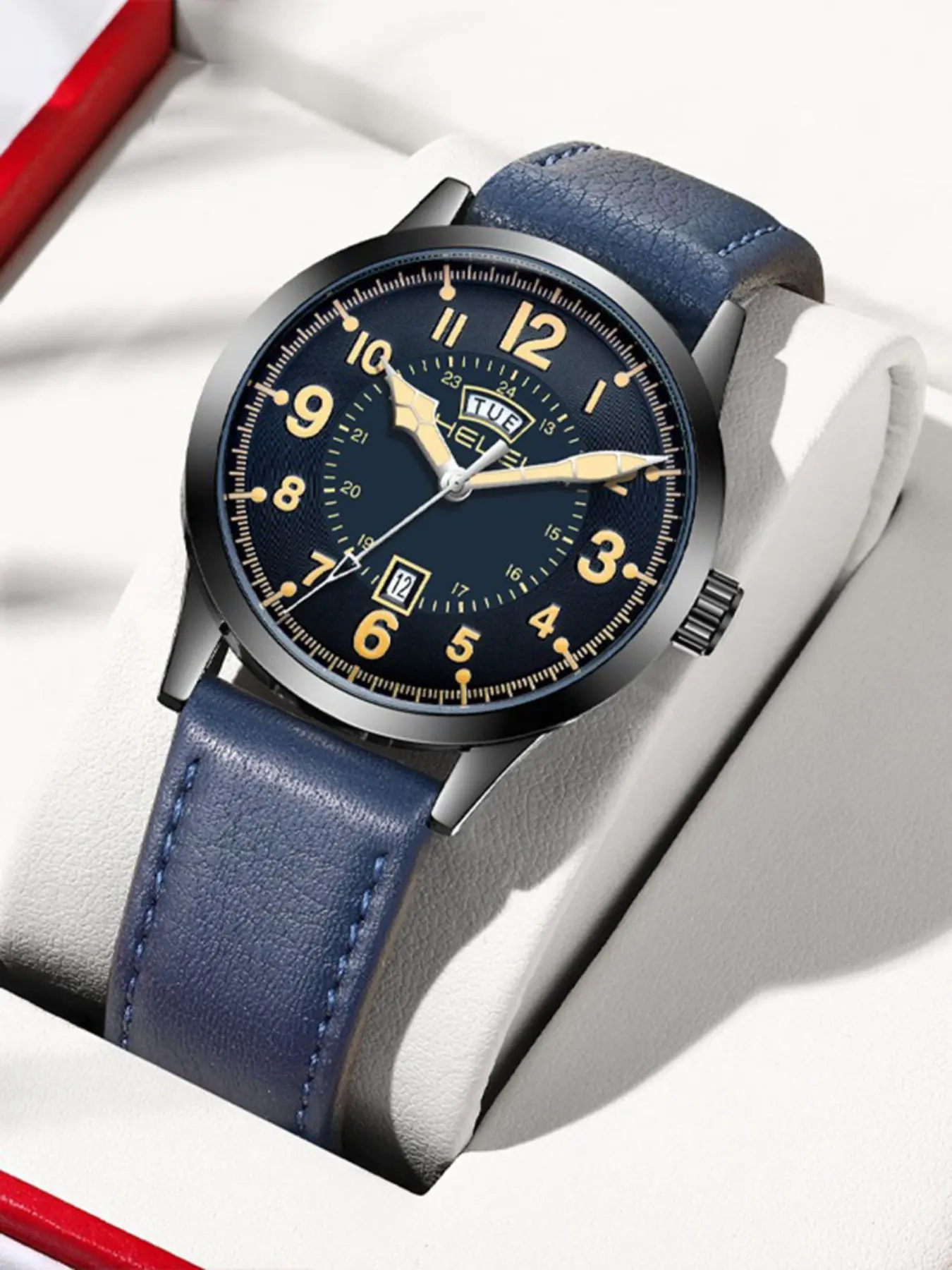 Men's Student Watch with Double Calendar, Genuine Leather, Water Resistant, Luminous Analog Quartz Watch, Casual Fashion Watch, Casual Style, All Seasons