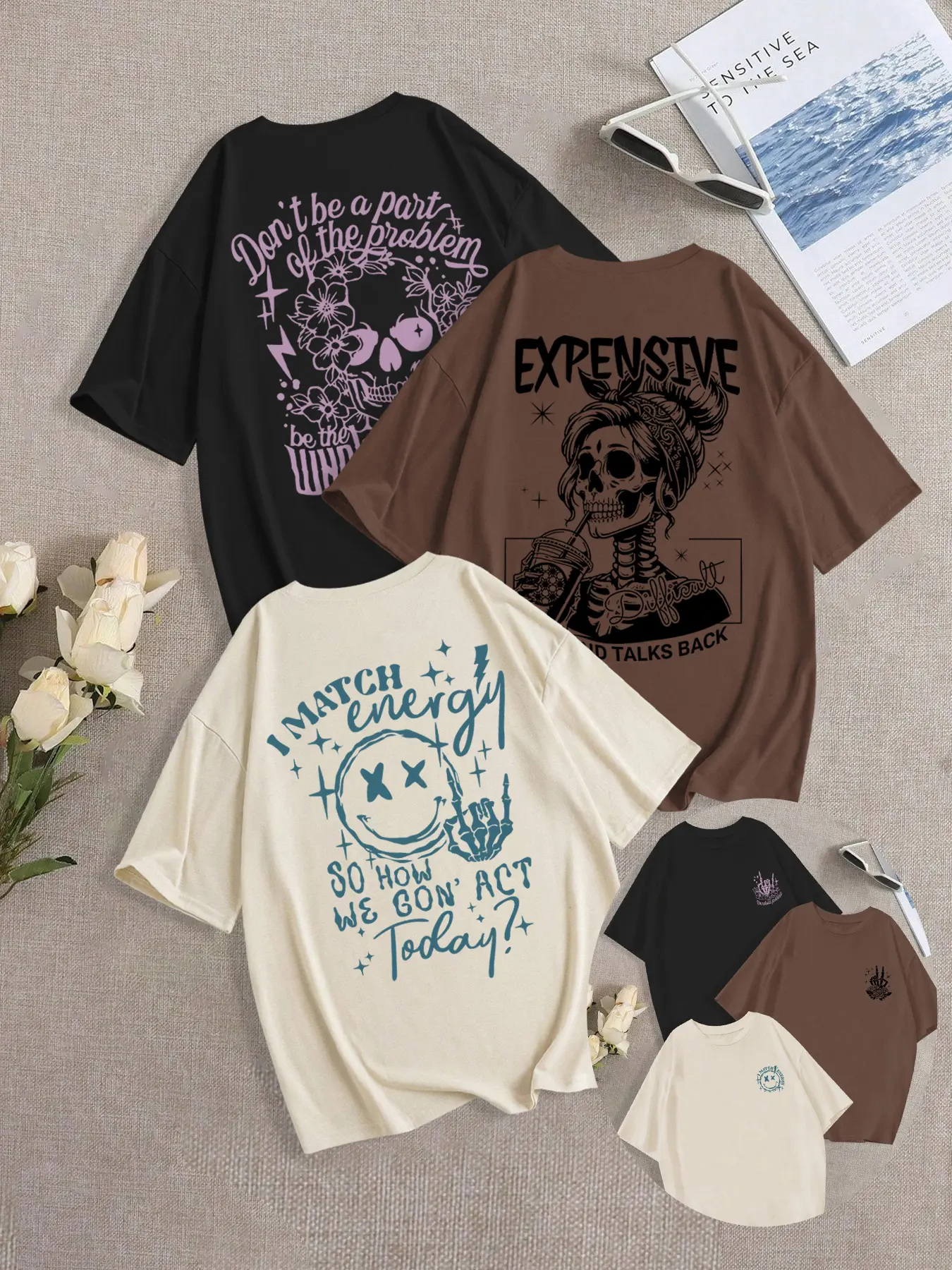 Breathable Casual Loose-Fit Round Neck Skull Girl Print T-Shirt Set, Summer Fashion Comfortable Versatile Top, Pack of 3