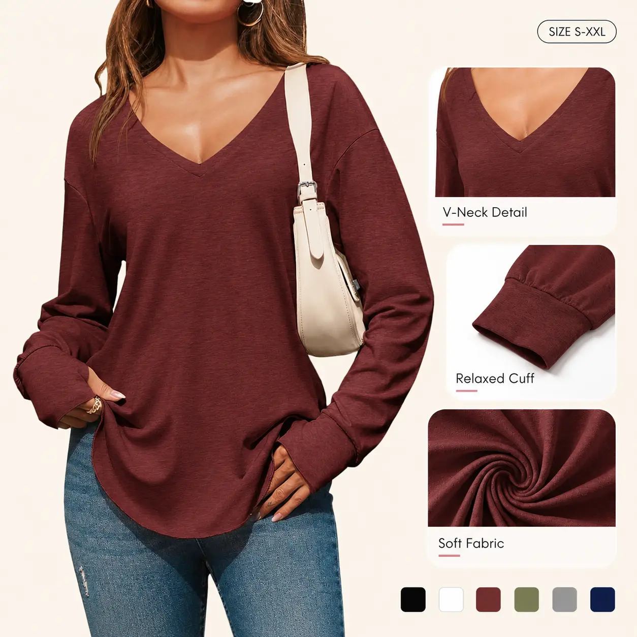 Imily Bela Womens Deep V Neck Tunic Tops Long Sleeve Oversized Casual Loose Fit Curved Hem T Shirts