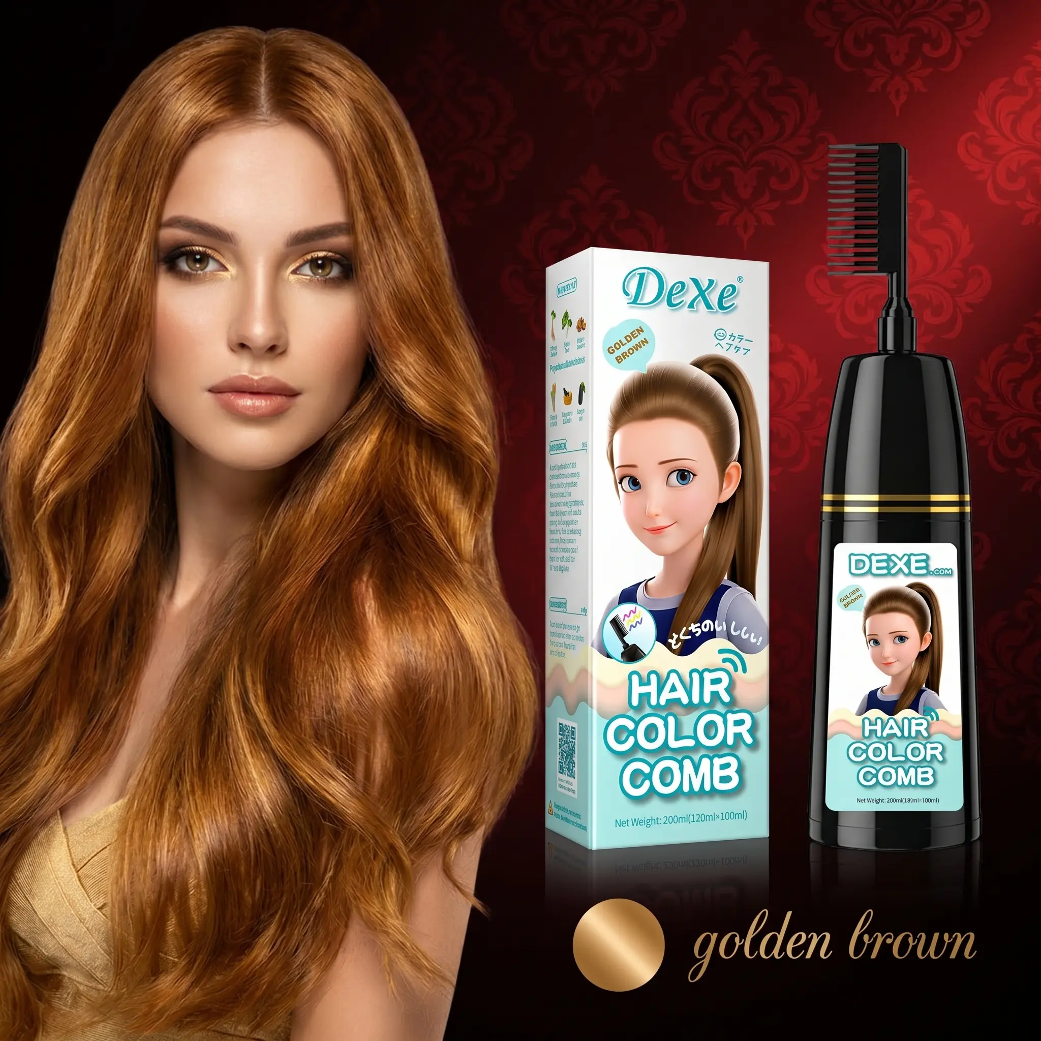 6-in-1 Herbal Hair Dye Cream, Long-lasting Color, No Fading, Gentle Hair Care, Home Hair Coloring Comb – Dark Brown, Natural Black, Cherry Red, Light Brown