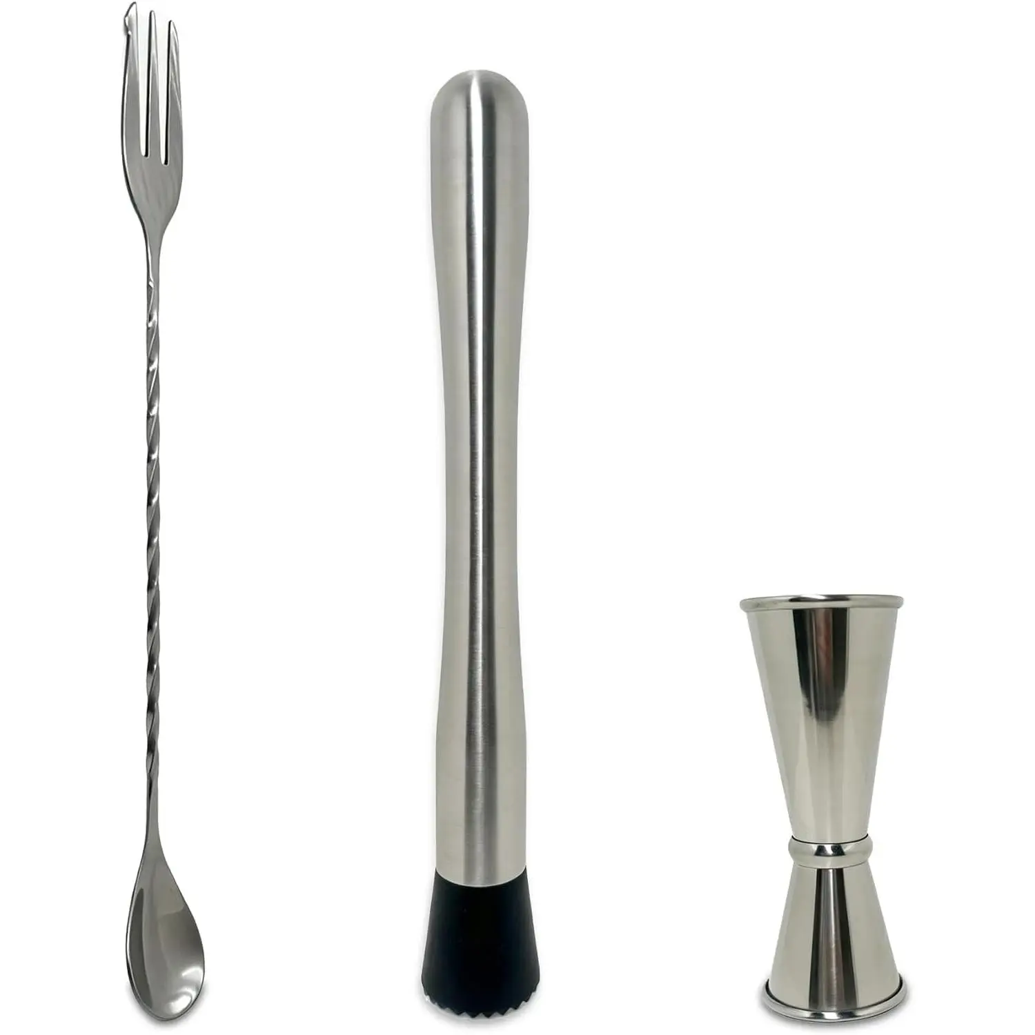 Cocktail Bar Muddler, Mixing Spoon and Measuring Jigger for Home Bartending | 3 Pcs stainlless steel Food Grade