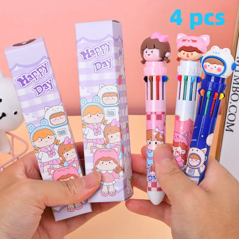 4pcs Creative Cartoon Ten-Color Pens Blind Box, Press-Type Multi-Functional Colorful Journal Pens, Student Surprise Lucky Box