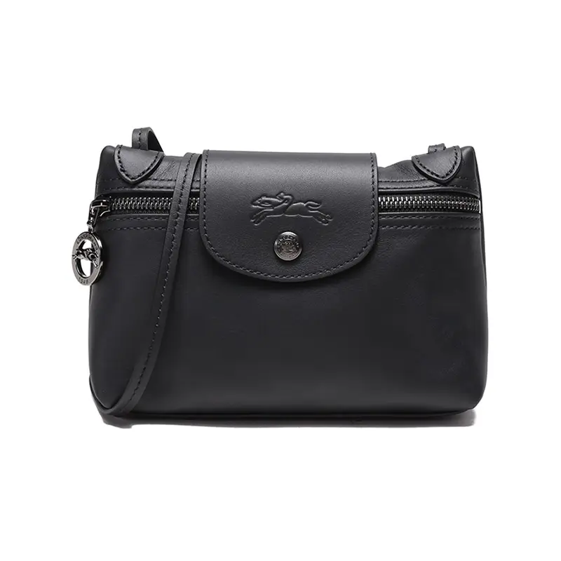 Longchamp Le Pliage 20 Crossbody Bag for Women with Snap and Zip Closure, Leather, Black