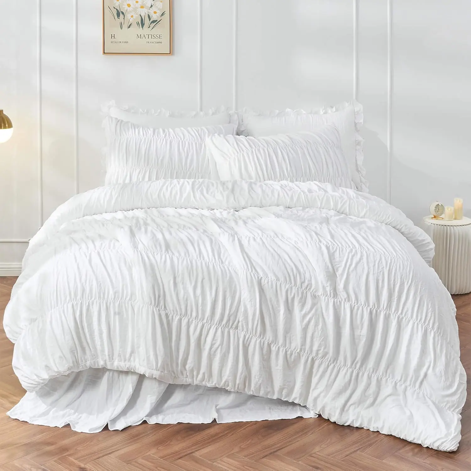 Comforter Set White Bedding - Ruched Comforter  Size Bed Set Boho Shabby Chic Bedding for Bedroom Comforter  3 count Ruffle Comforter Set with Pillow White Soft