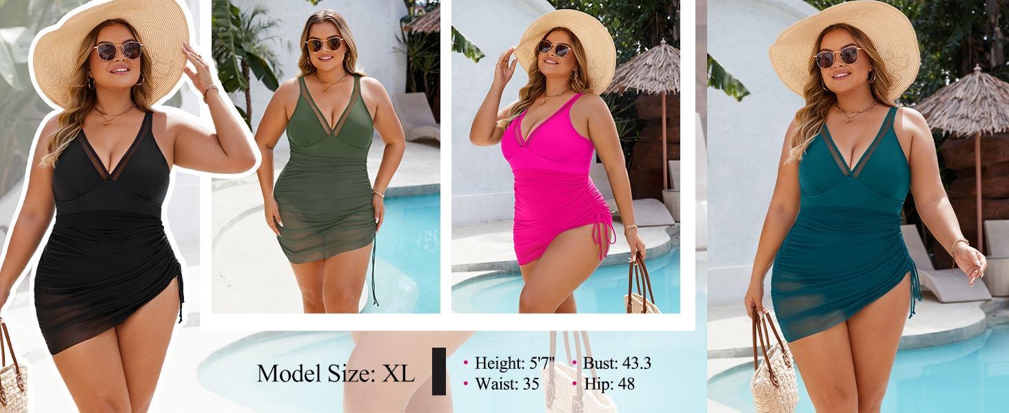 Women's Tummy Control One Piece Swim Dress Slimming Mesh Sheer Sarong Wraps Bathing Suit Modest V Neck Cut Out Swimsuit for Women 2026 - Womenswear Overalls Sleeveless Maternity Square rompers jumpsuit eyelet Rhinestone Off-Shoulder backless