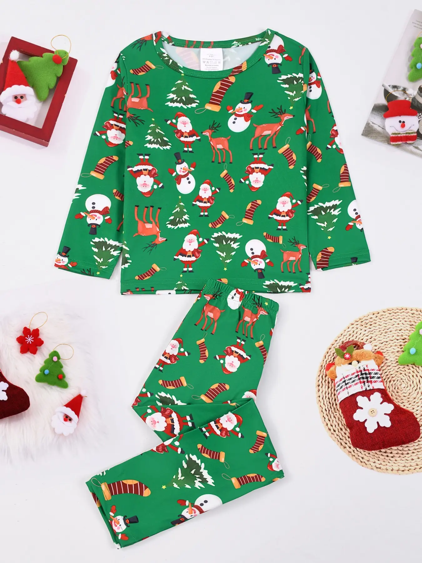 Kids Pajama Set, Round Neck Long Sleeve & Pants, Cartoon Print, Christmas Theme, Casual Fitted Home Wear, Comfortable Sleepwear