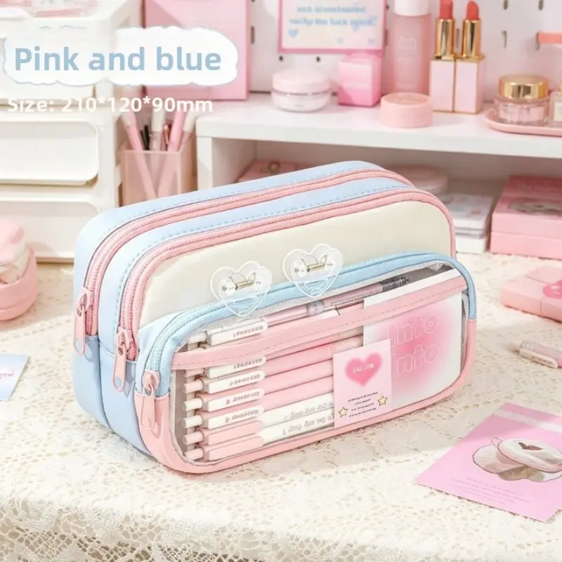 Dopamine Color Block Pencil Case, Large Capacity High Aesthetic Pencil Box, Thickened Wide Student Transparent Stationery Box