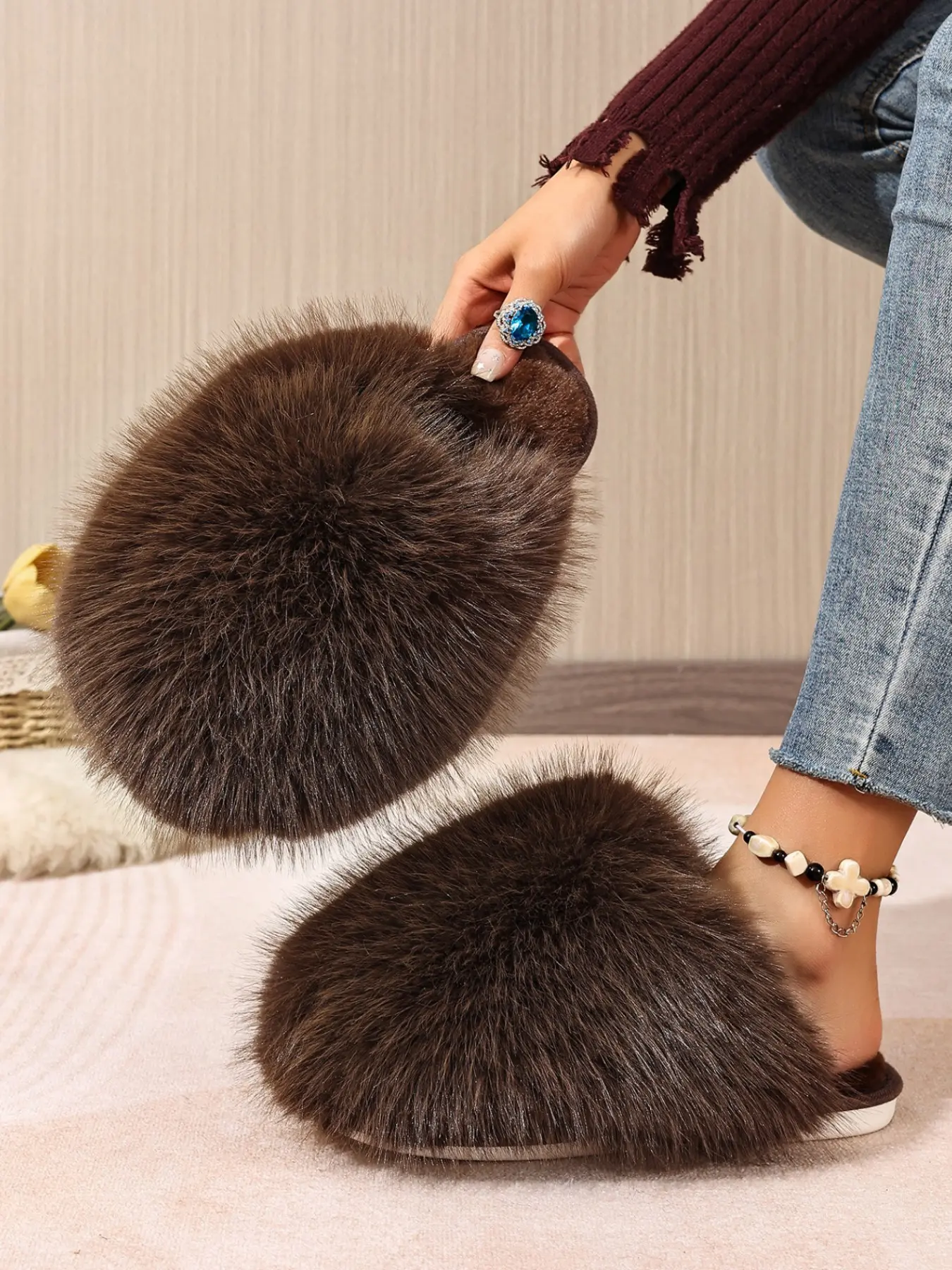 Women's Multi Color Long Fluffy Faux Fur Mule Slippers, All Season Luxury Elegant Style, Plus Size, Versatile Full Thick Plush Surface, Soft Sole Indoor Outdoor Casual Closed Toe Furry Slides For Ladies