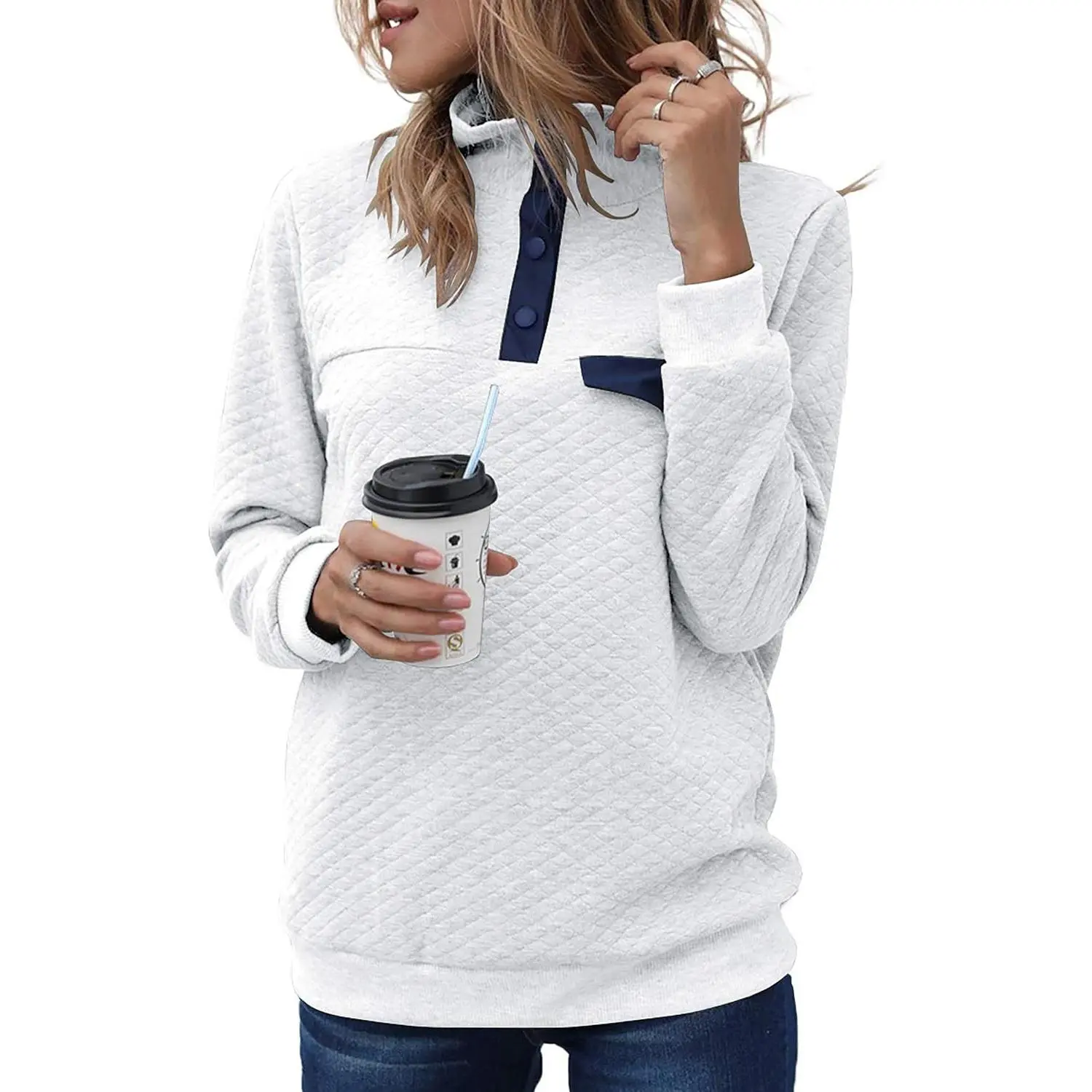 Women Fashion Quilted Pattern Lightweight Zipper Long Sleeve Plain Casual Ladies Sweatshirts Pullovers Shirts Tops