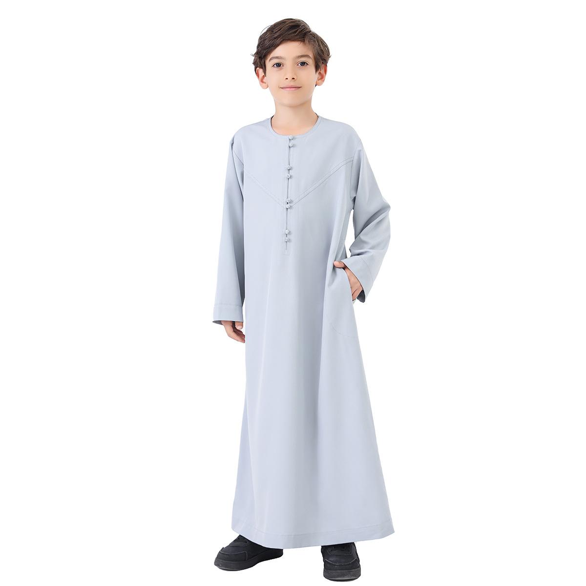 Boys' Solid-Color Buttoned Robe - Polyester-Blend Fabric for Daily Casual Wear Long Sleeve Arabic Boys Thobe