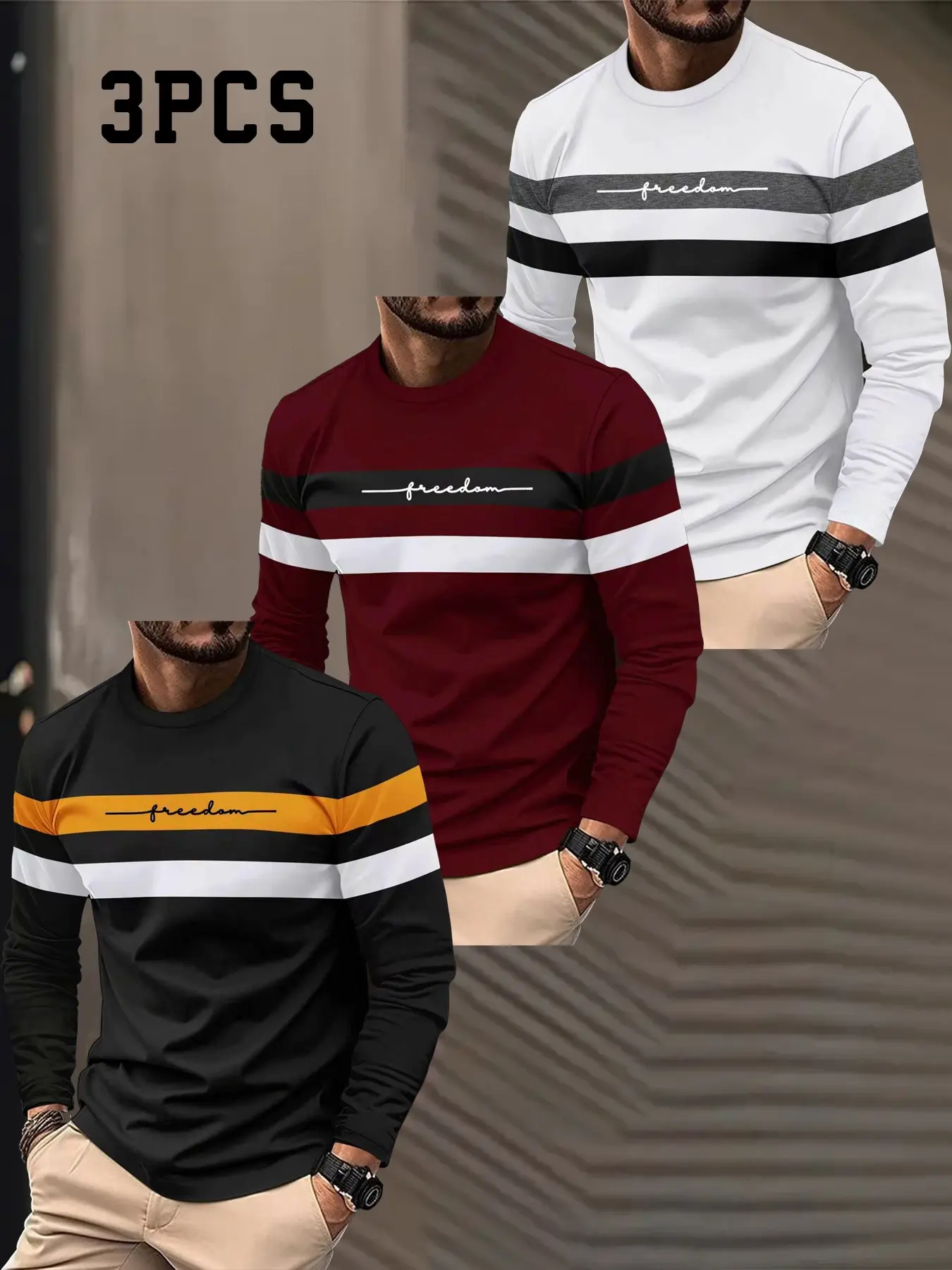 Men's 3-Pack Round Neck Long Sleeve T-Shirts, Breathable Wrinkle-Resistant Freedom Letter Print, Easy Care Loose Fit Casual Shirts
