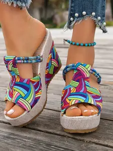 Boho Rainbow Spiral Heel Sandals, Colorful Rope T-Strap Textured Thick Sole Mules, Island Beach Vacation Casual Outerwear Women's Shoes