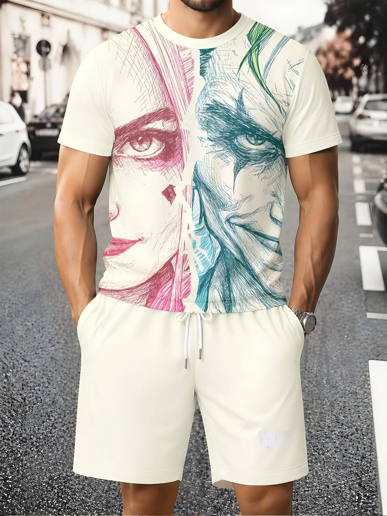 Warner Bros Men's Joker & Harley Quinn Two-Piece Set, Short Sleeve T-Shirt with Drawstring Shorts, Dark Villain Street Style