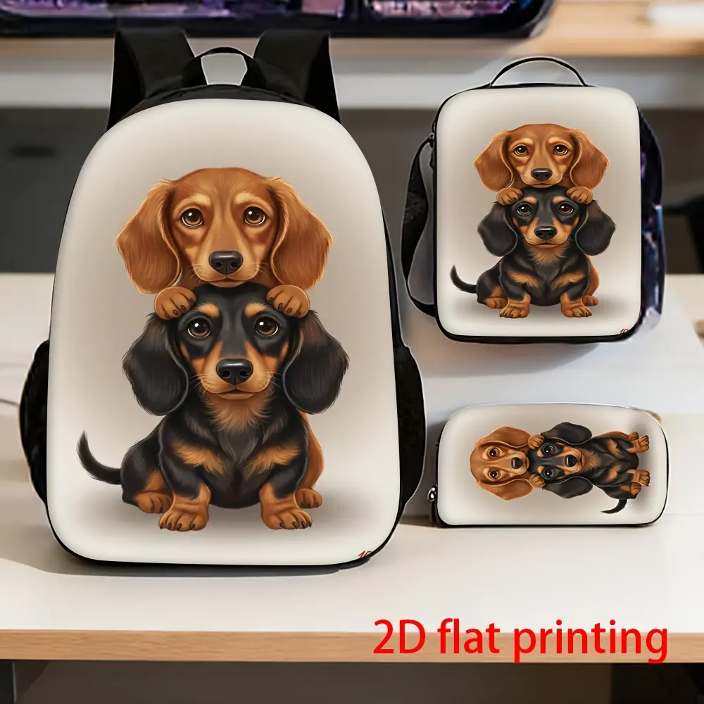 3pcs School Backpack • Lunch Bag • Pencil Case • Printed with Two Cute Dachshund Dogs • for Daily School Use set bookbag