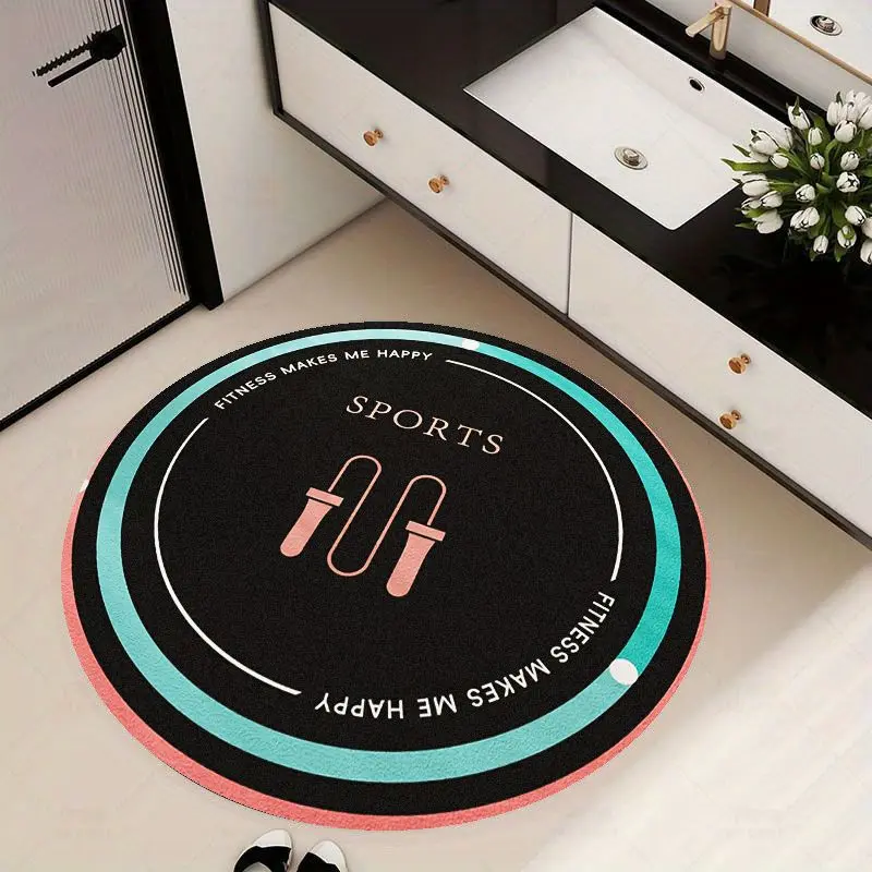 Sports Mat, Yoga Fitness Mat, Non-Slip Shock Absorption, Indoor Exercise Mat, Unique Pattern Design, Fitness Makes Me Happy, Sports Theme, Soft Flannel Round Rug, Absorbent, Slip-Resistant, Machine Washable, Suitable for Bedroom, Living Room