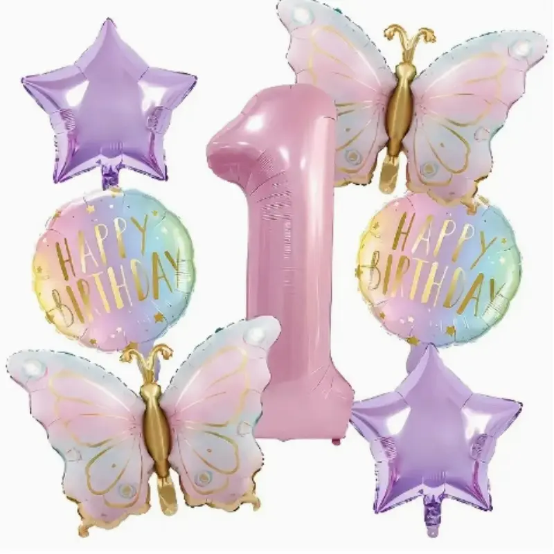 7 Piece Dreamy Birthday Balloon Set, 32 Inch Number Balloons, Happy Birthday Balloons, Star and Heart Shapes, Party Decorations, Photo Props