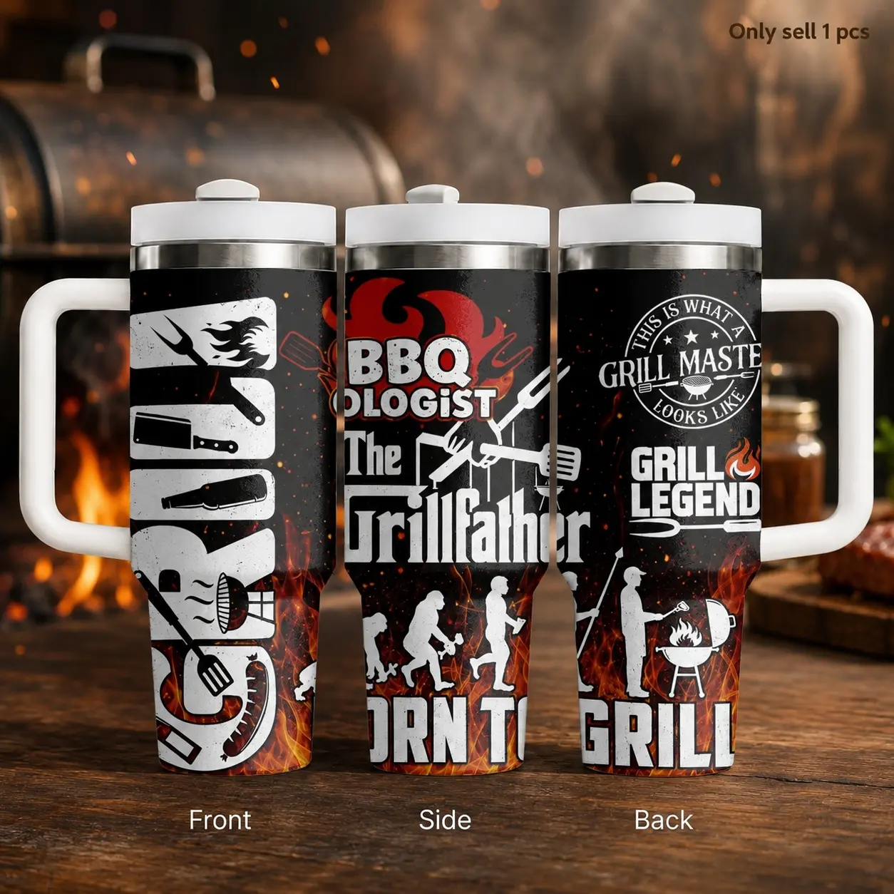 Certified BBQ Ologist 40oz Insulated Tumbler, Grill Master Travel Cup with Handle, Straw and Leakproof Lid, Large Stainless Steel Hydration Mug for Backyard Parties, Smoker Fans and Birthday Gifts for Dad