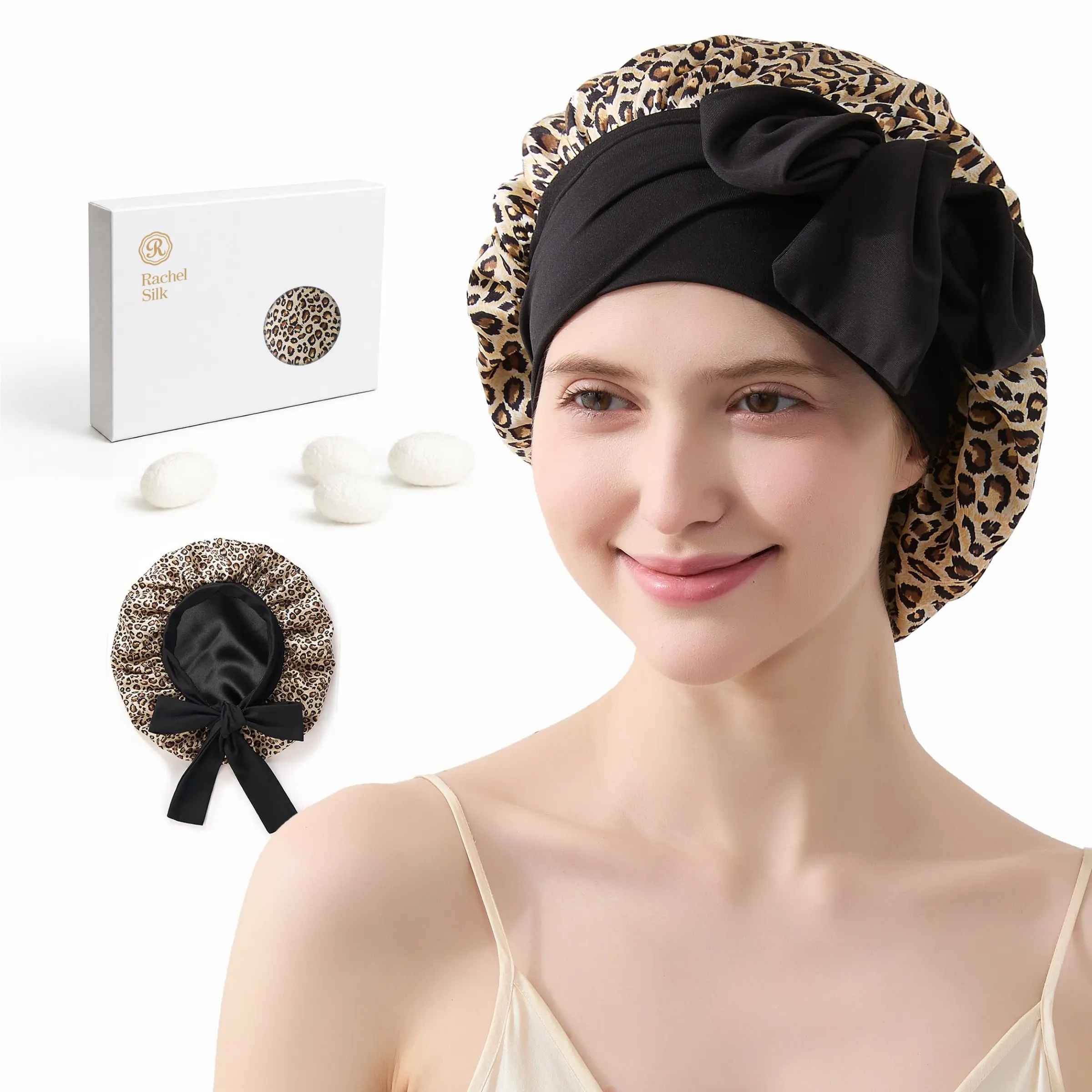 100% Mulberry Silk Sleep Bonnet, Double-Layer 6A Grade Silk, Classic Leopard/ Chic Floral Print, Breathable, Ultra Smooth & Soft, Great for Skin & Hair Care, Adjustable Silk Hair Wrap Cap, Frizz & Tangling-Free Hair Turban for Women