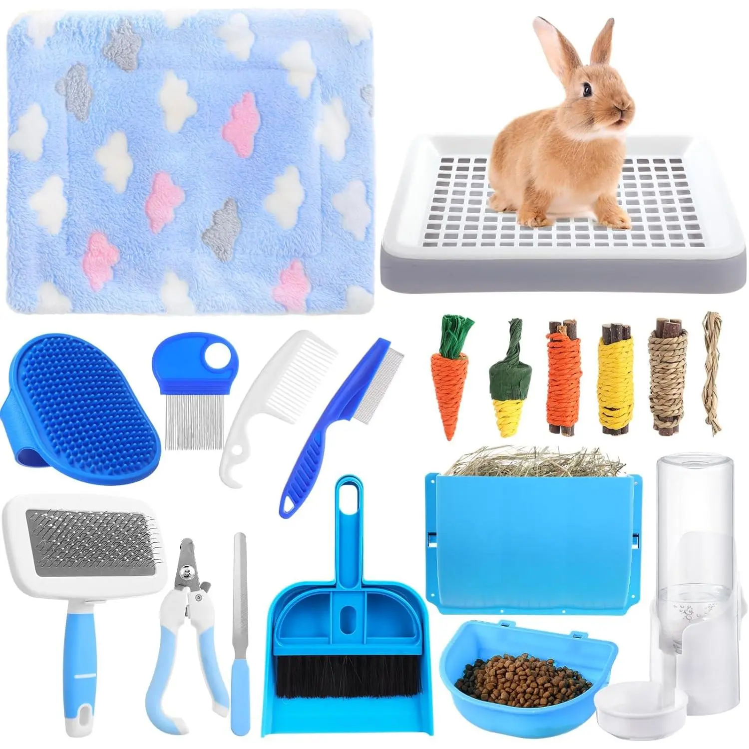 19 count  Starter Kit Small Bunny Litter Box   Kit Water Bottle Bunny Toys Hay Feeder Bowl Blankets with Cleaning Set for Guinea Pig  Accessories