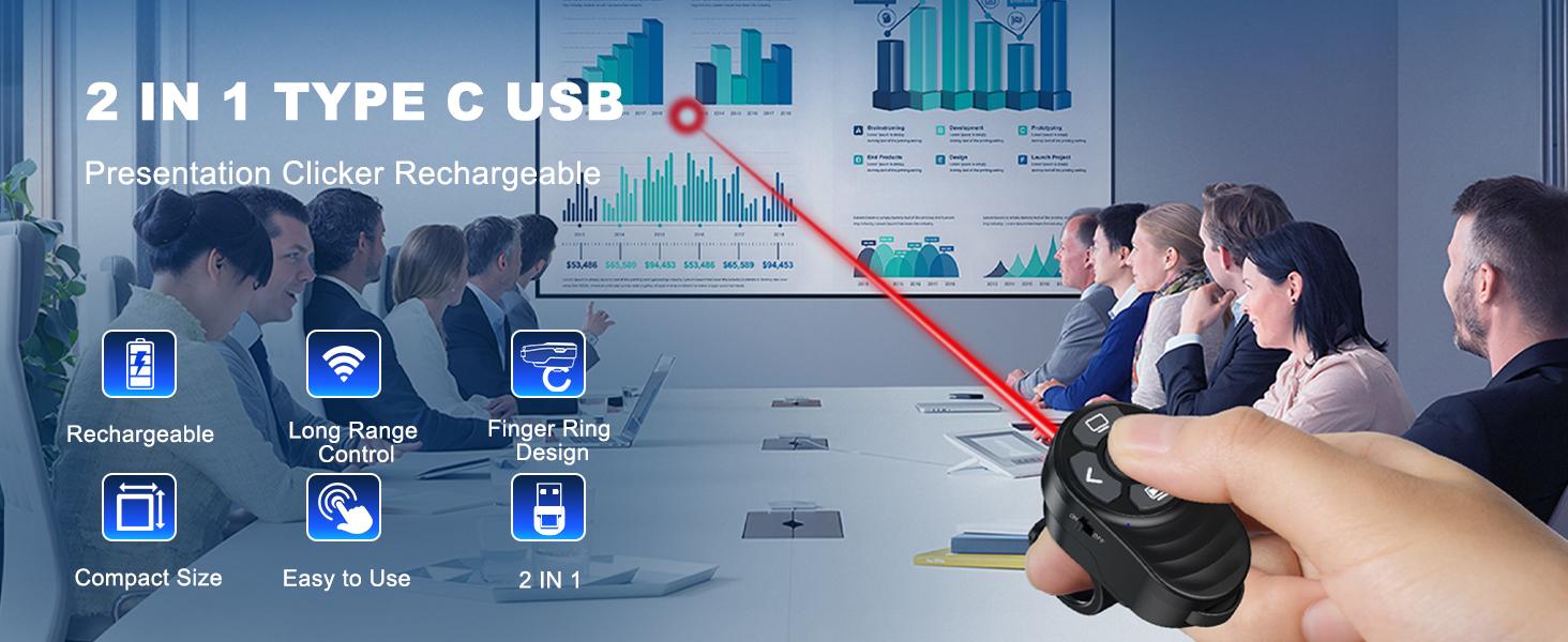 2 in 1 Presentation Clicker with Laser Pointer Finger Ring Clicker Rechargeable Presentation Clicker Long Distance PPT Clicker Remote Wireless Clicker Laser Pointer for Classroom Teacher Projector