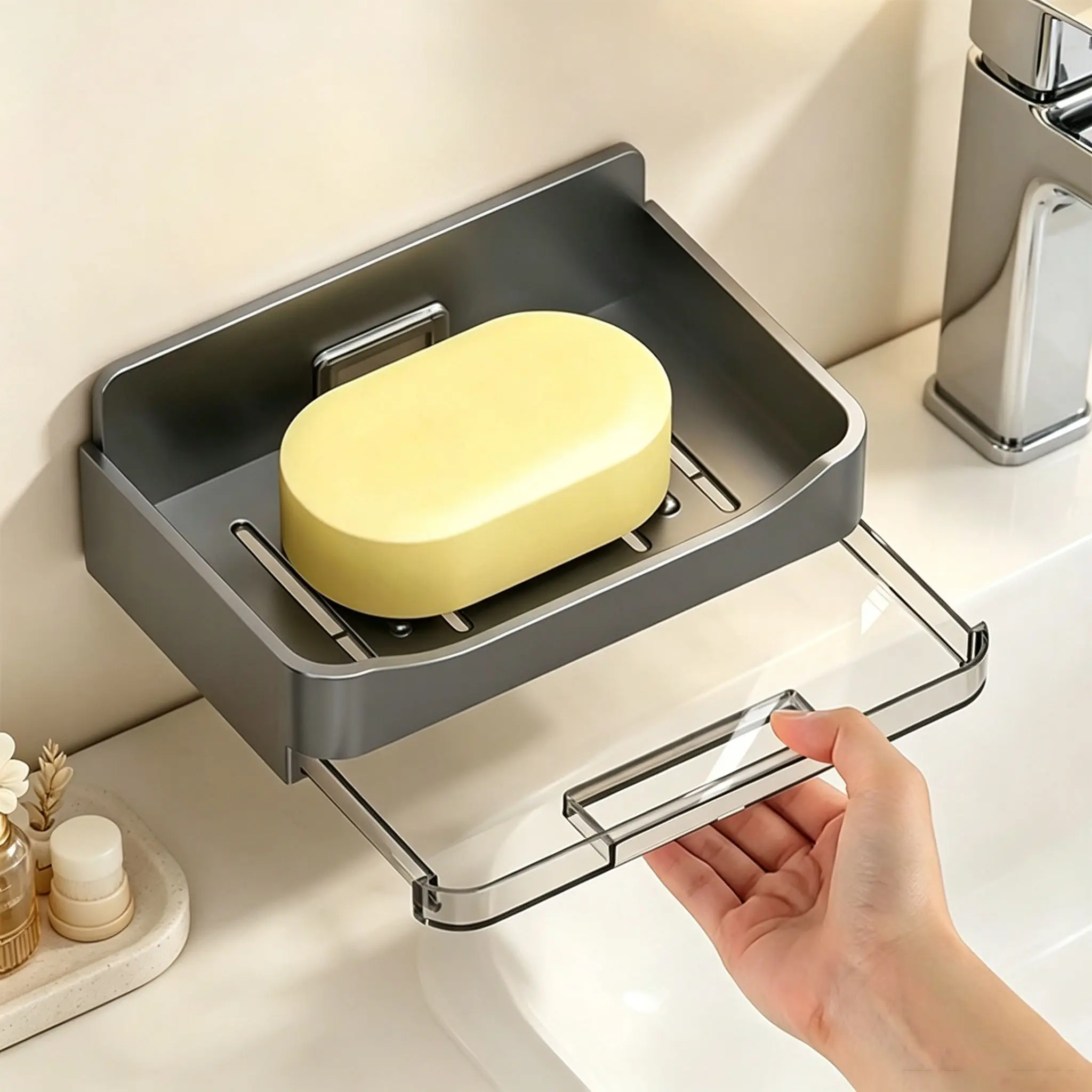 Wall-Mounted Soap Dish with Drain Tray, Rust-Resistant Aluminum Bathroom Soap Holder, Self-Adhesive Soap Rack with Hook, Waterproof Space-Saving Shower Soap Dish, Soap Dish with Drainage