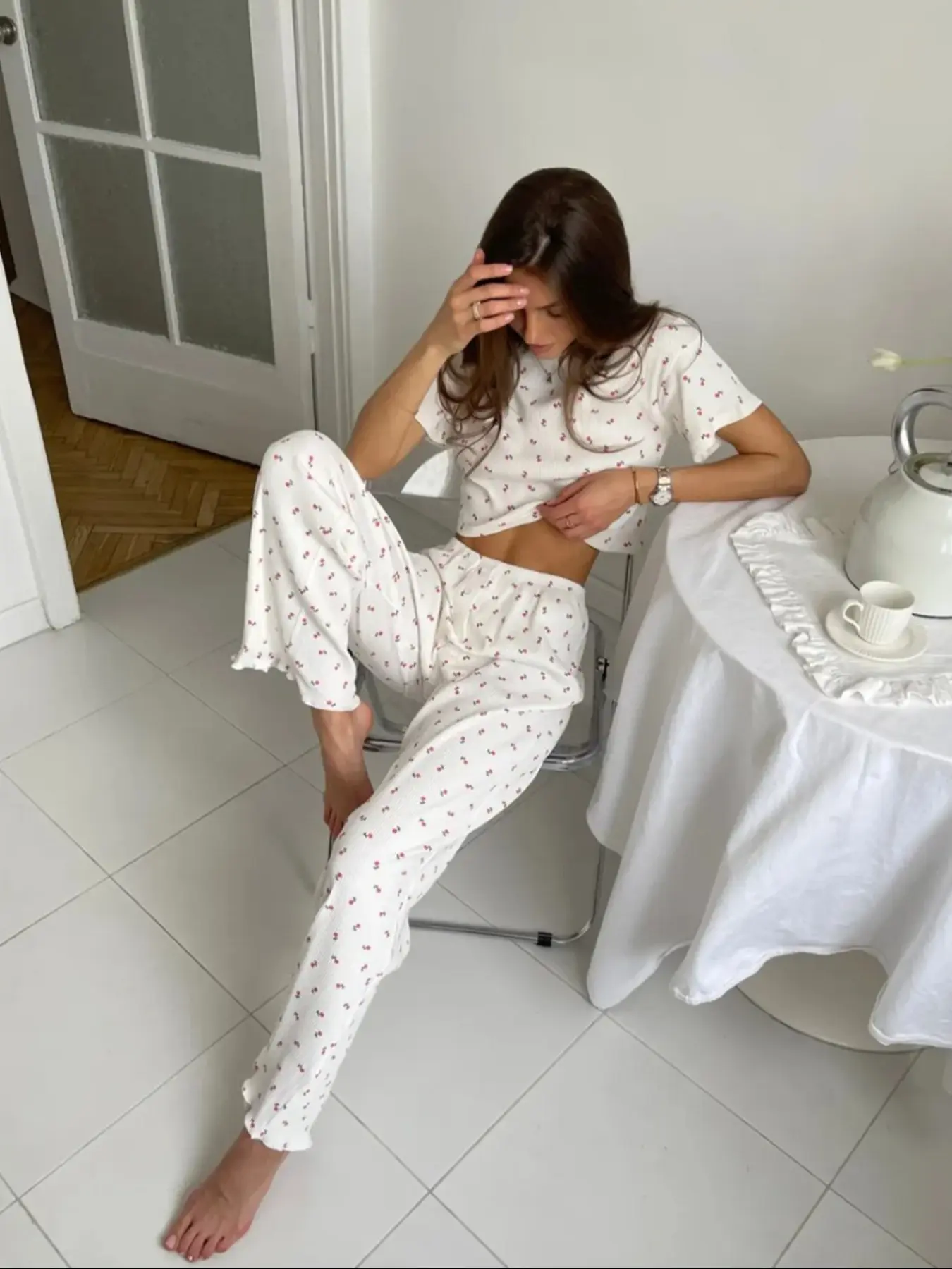 Valentine's Day Gift Women's Rose Print Ribbed Loungewear | Two-Piece Cropped Short Sleeve Top & Elastic Waist Pants | Multi-Use for Home & Casual Wear, Soft Stretchy Skin-Friendly Set