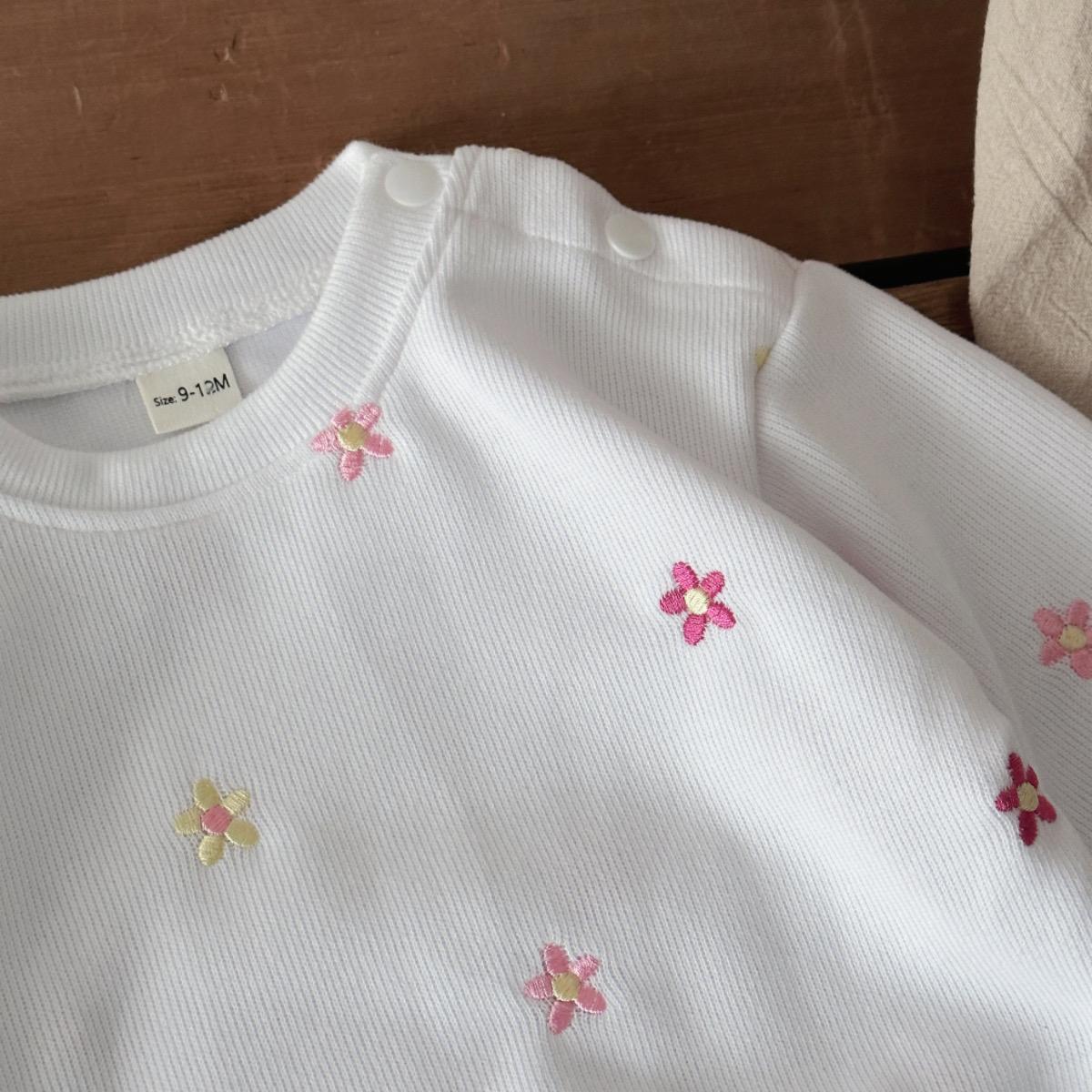 Spring Autumn Baby Two Piece Set Colorful Flower Embroidery White Sweatshirt + Pink Striped Loose Long Pants Toddler Outfit