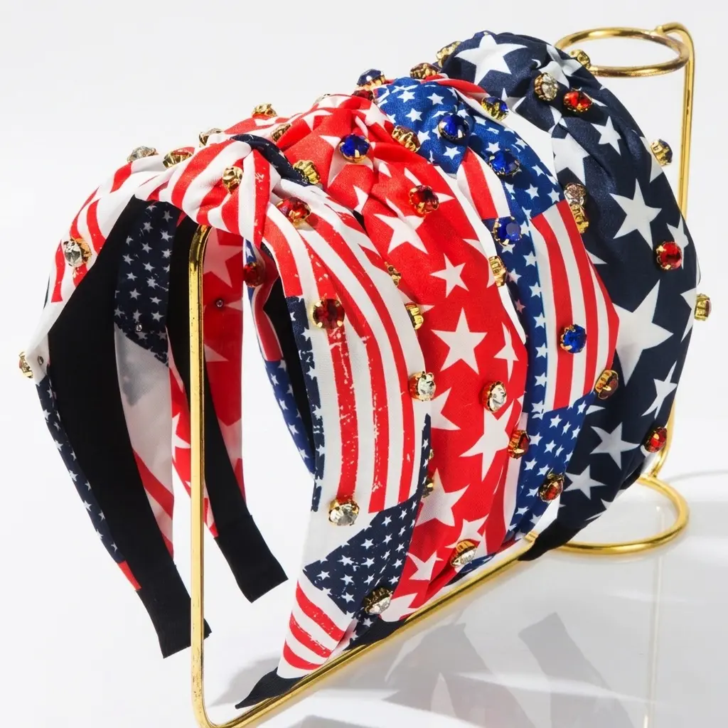 Women's Wide Casual Headband, Patriotic American Flag Striped Fabric Print, Fashion Hair Accessory for Parties, Fashion Headbands, Sapphire+Red With Stripes, Five-Pointed Star(Navy Blue)+Sapphire