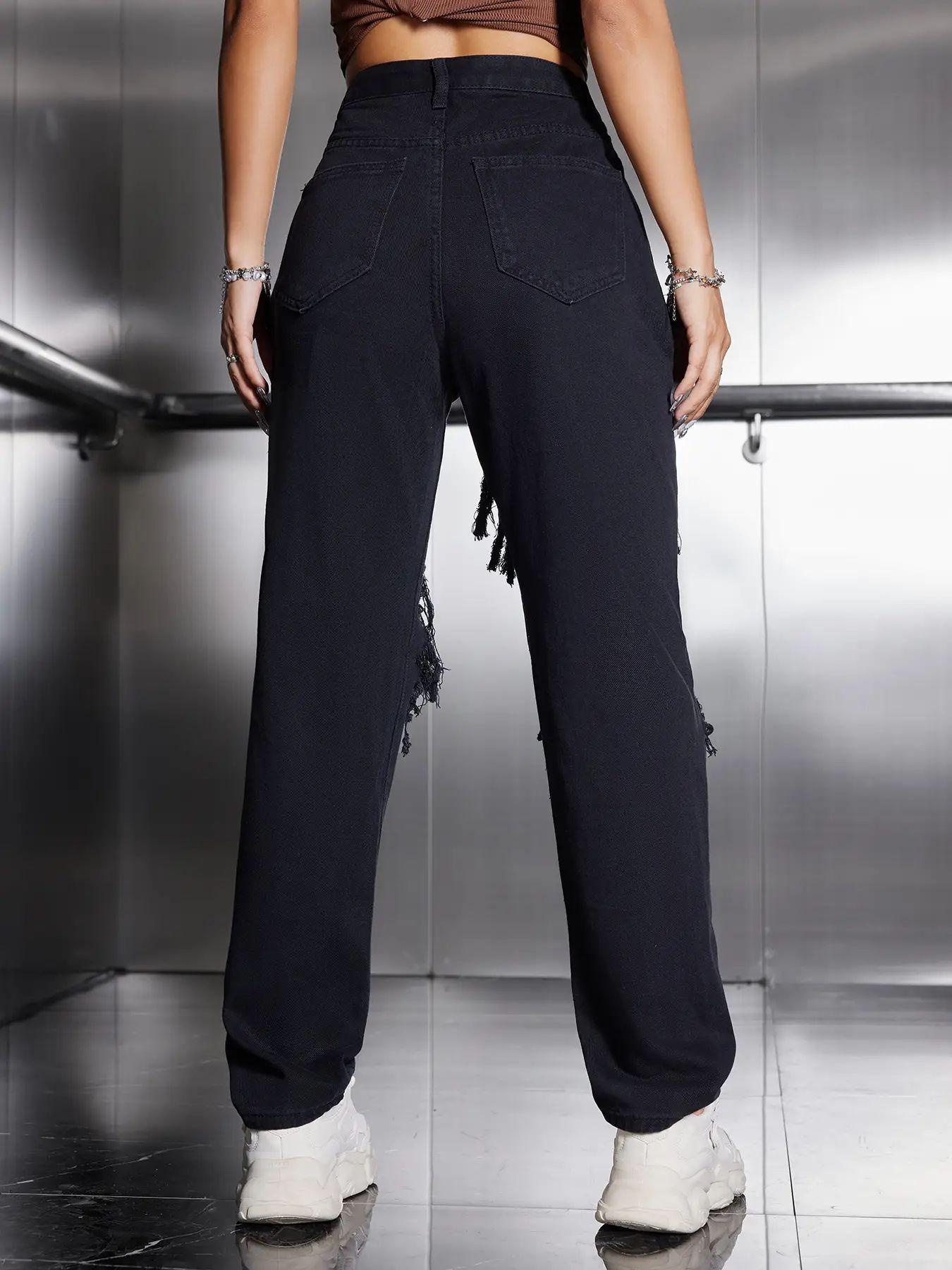 Women's High Waist Ripped Jeans, Fashion Casual Style Distressed Straight Leg Denim Pants, Destroyed Hole Jeans, Lady Bottoms for Daily Wear Streetwear