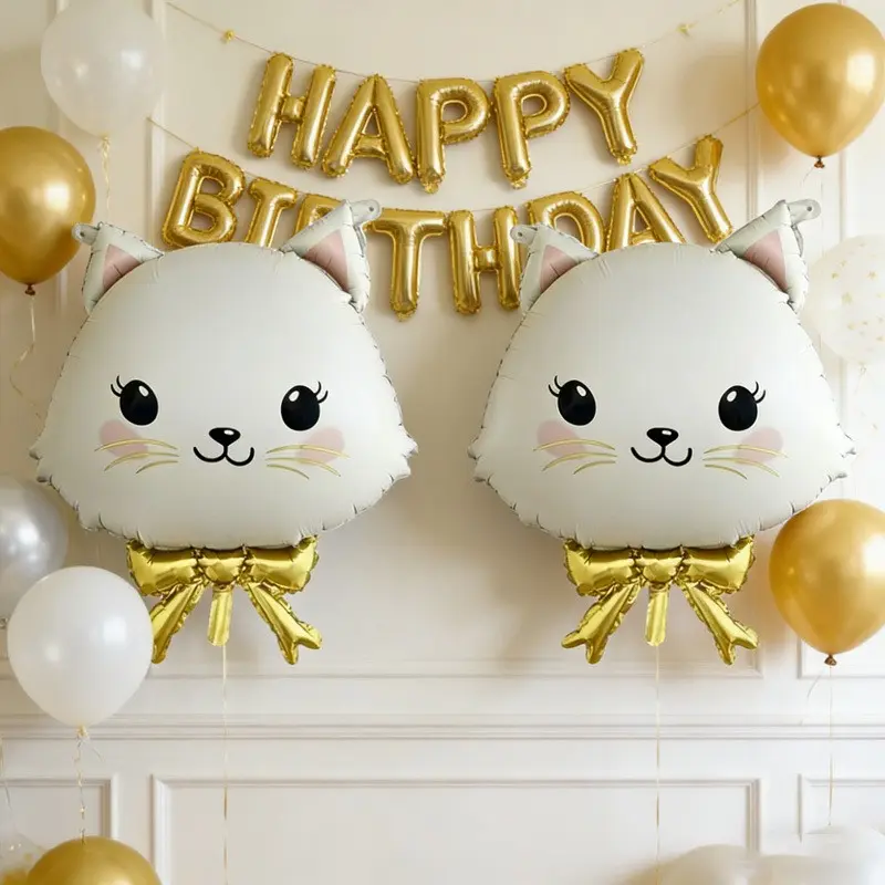 2/4pcs Gold Bow Cat Head Shape Balloons, Perfect for Birthday Party Decor, Add Cute and Fun Atmosphere to Birthday Celebrations