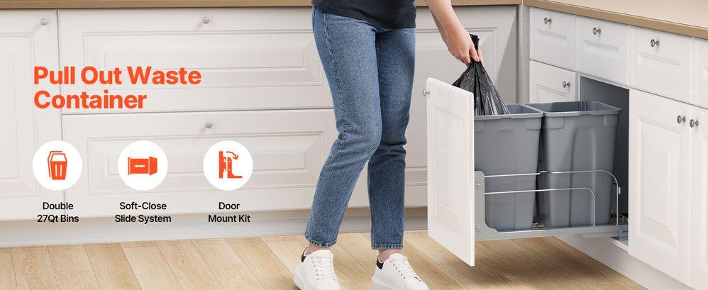 Double Pullout Waste Container Kitchen Trash Can with Soft Close Grey 27QTx2