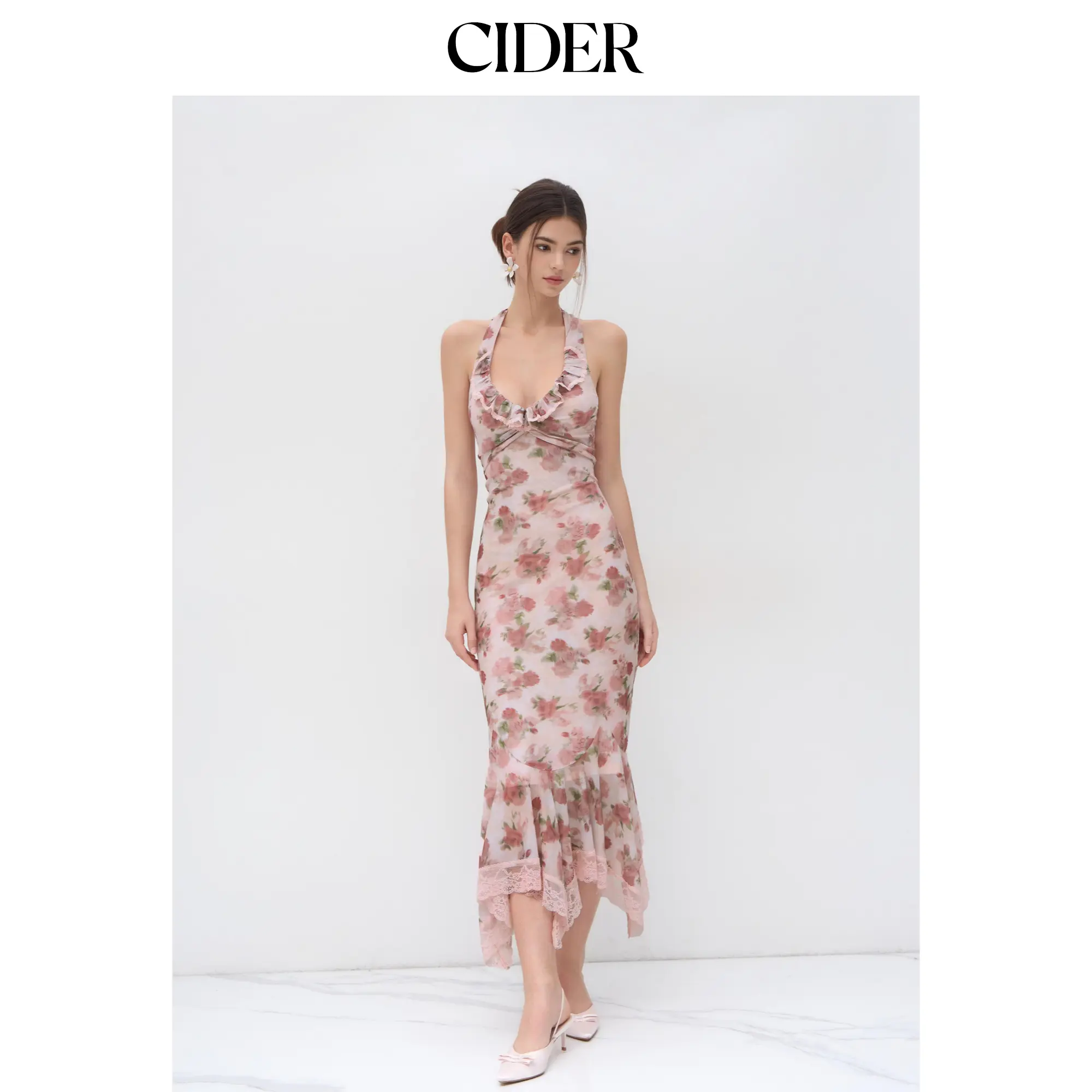 Cider Halter Neckline Floral Ruched Lace Trim Ruffle Maxi Dress